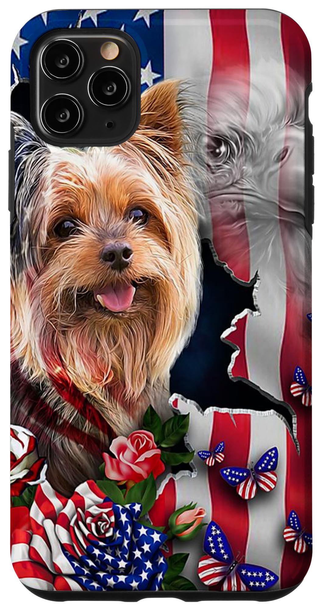 iPhone 11 Pro Max Case - Yorkie Eagle American Flag Design with Rose Flower & Butterfly - Durable PC Protective Cover for Daily Use, Travel & Outdoor Activities