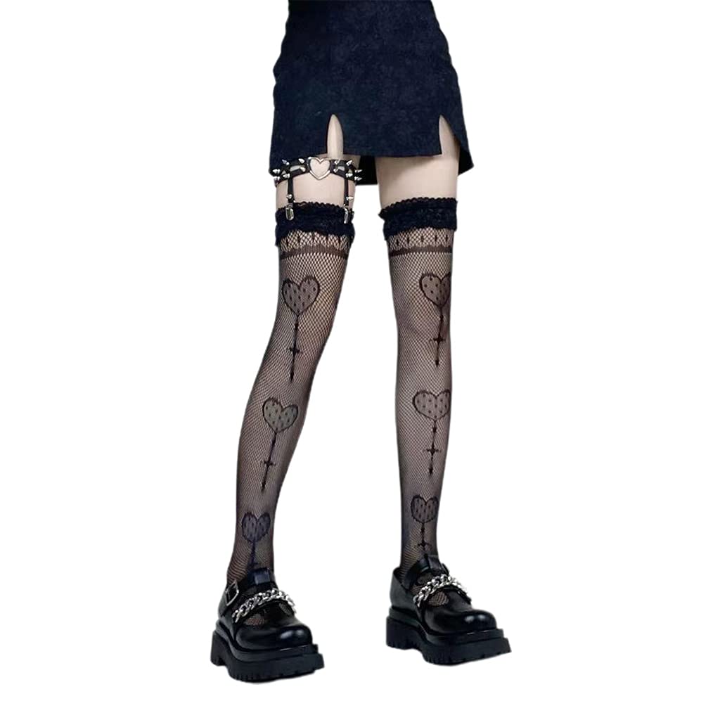Ujeer Fishnet Thigh High Stockings - Punk Heart Lollipop Jacquard Over Knee Socks with Ruffles & Lace Trim - Lolita Fashion Tights for Cosplay, Gothic Outfits & Retro Style