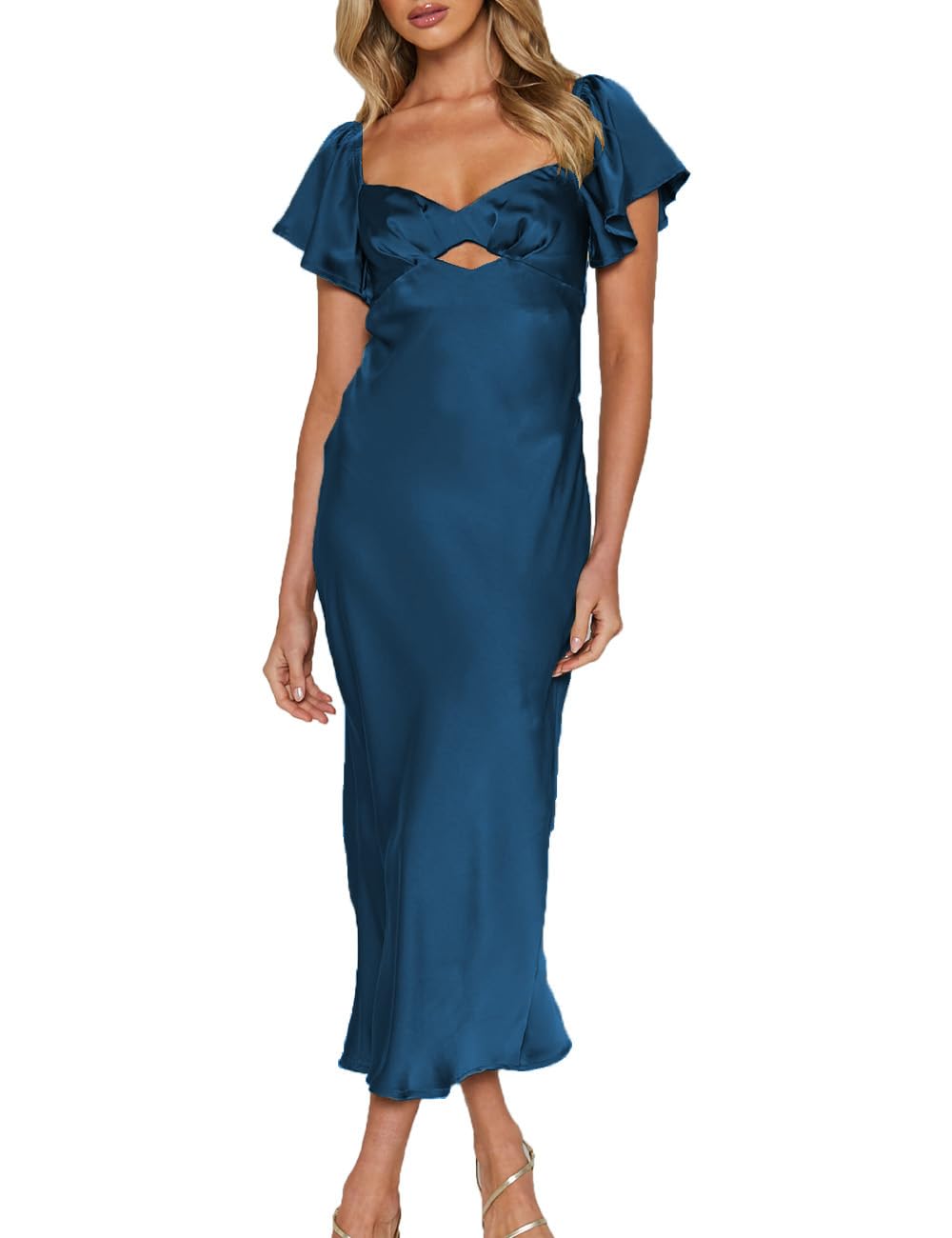 Elegant Summer Satin Flutter Sleeve Wedding Guest Dress for Women - Sweetheart Neckline, Cutout Back with Tie Detail, Midi Cocktail Dress | Perfect for Weddings, Parties & Special Occasions