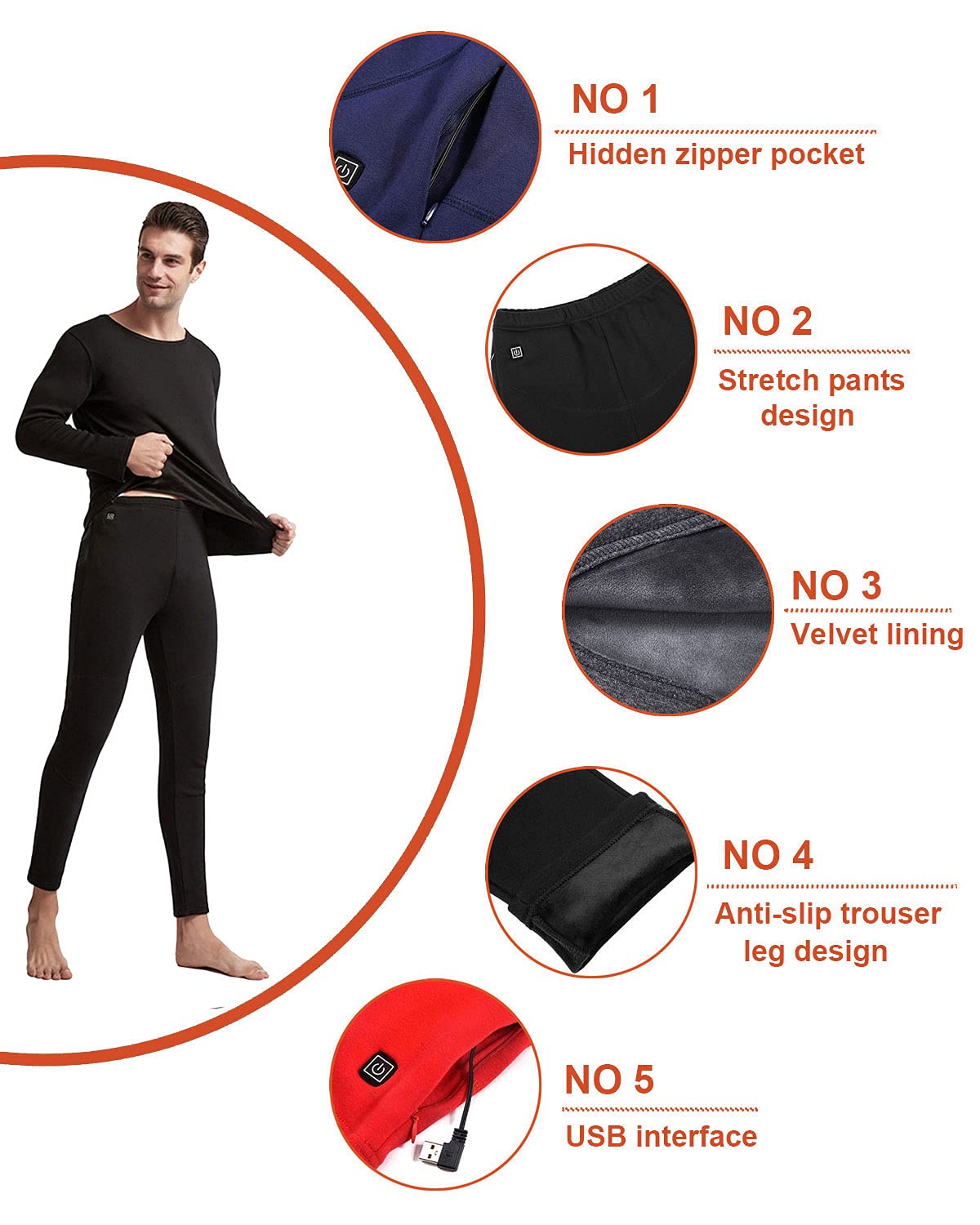 Men's USB Electric Heated Thermal Underwear Set - Winter Heated Pants & Shirt for Outdoor Activities, Skiing, Camping and Cold Weather Travel