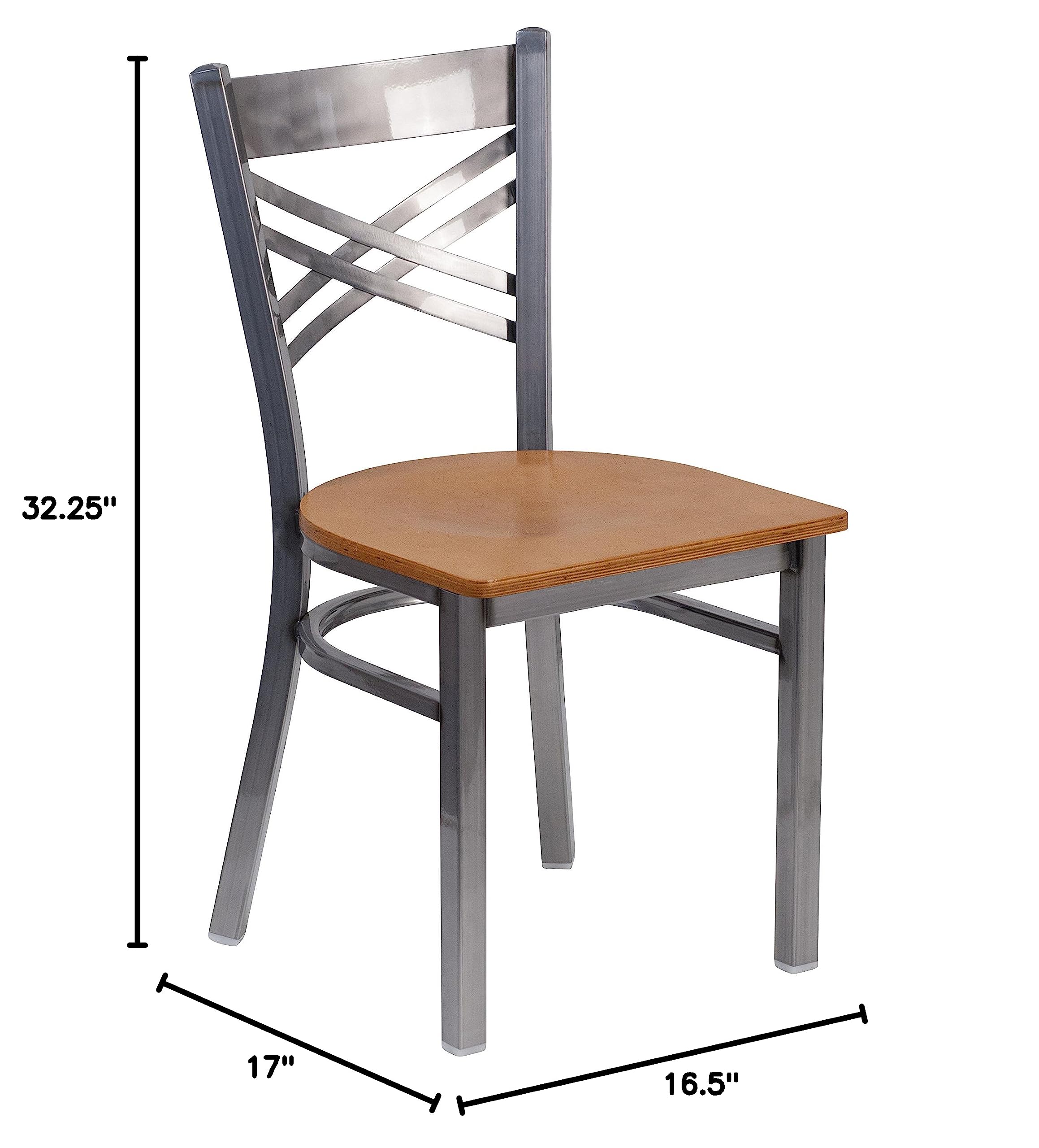 EMMA + OLIVER Clear Coated X Back Metal Restaurant Chair with Natural Wood Seat - Durable Commercial Dining Furniture for Cafes, Bistros & Home Kitchens