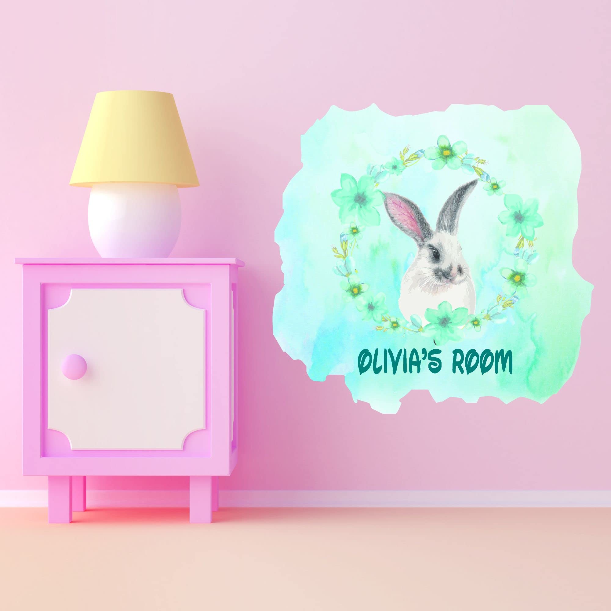 Personalized Easter Bunny with Flower Wreath Watercolor Wall Decal - Custom Kids Room Decor, Removable Vinyl Sticker (30x30 inches) - Perfect for Nursery, Playroom & Easter Party Decorations