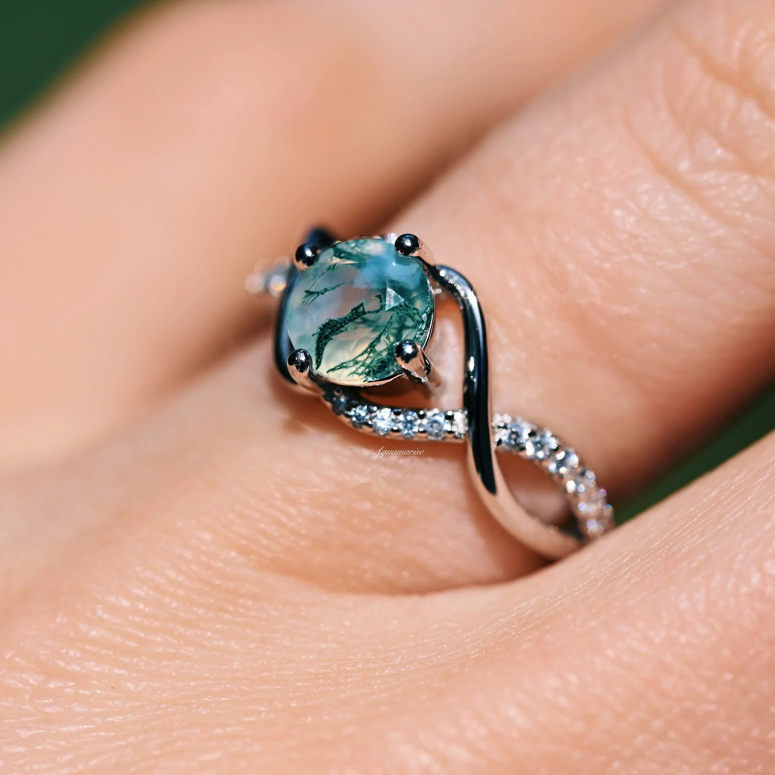 Entwined Green Moss Agate Ring - Sterling Silver 925, Handmade Boho Jewelry for Women, Nature-Inspired Wedding Band, Unique Gift for Her, Perfect for Everyday Wear & Special Occasions