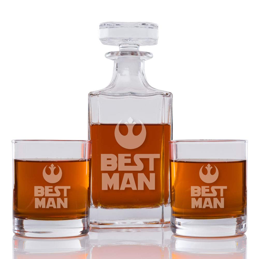 Personalized Best Man Gift Set - Engraved Whiskey Decanter and 2 Rocks Glasses for Wedding, Anniversary & Special Occasions