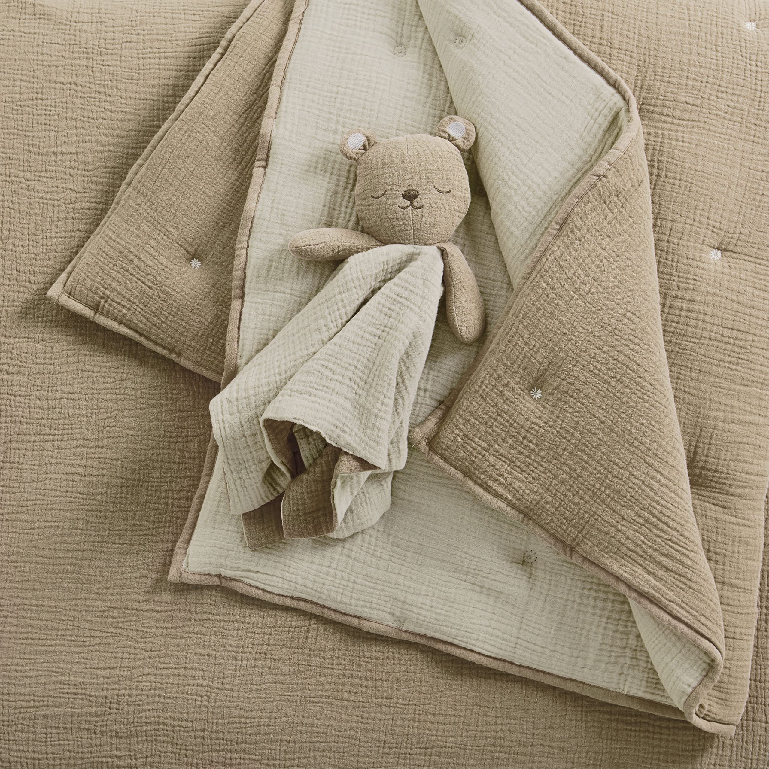 Levtex Baby Cloud Muslin Crib Bedding Set - 5 Piece Nursery Set with Quilt, Fitted Sheet, Swaddles & Bear Lovey - Soft Cacao Beige Star Pattern on Grey Textured Muslin - Perfect for Newborns, Baby Showers & Cozy Nursery Decor