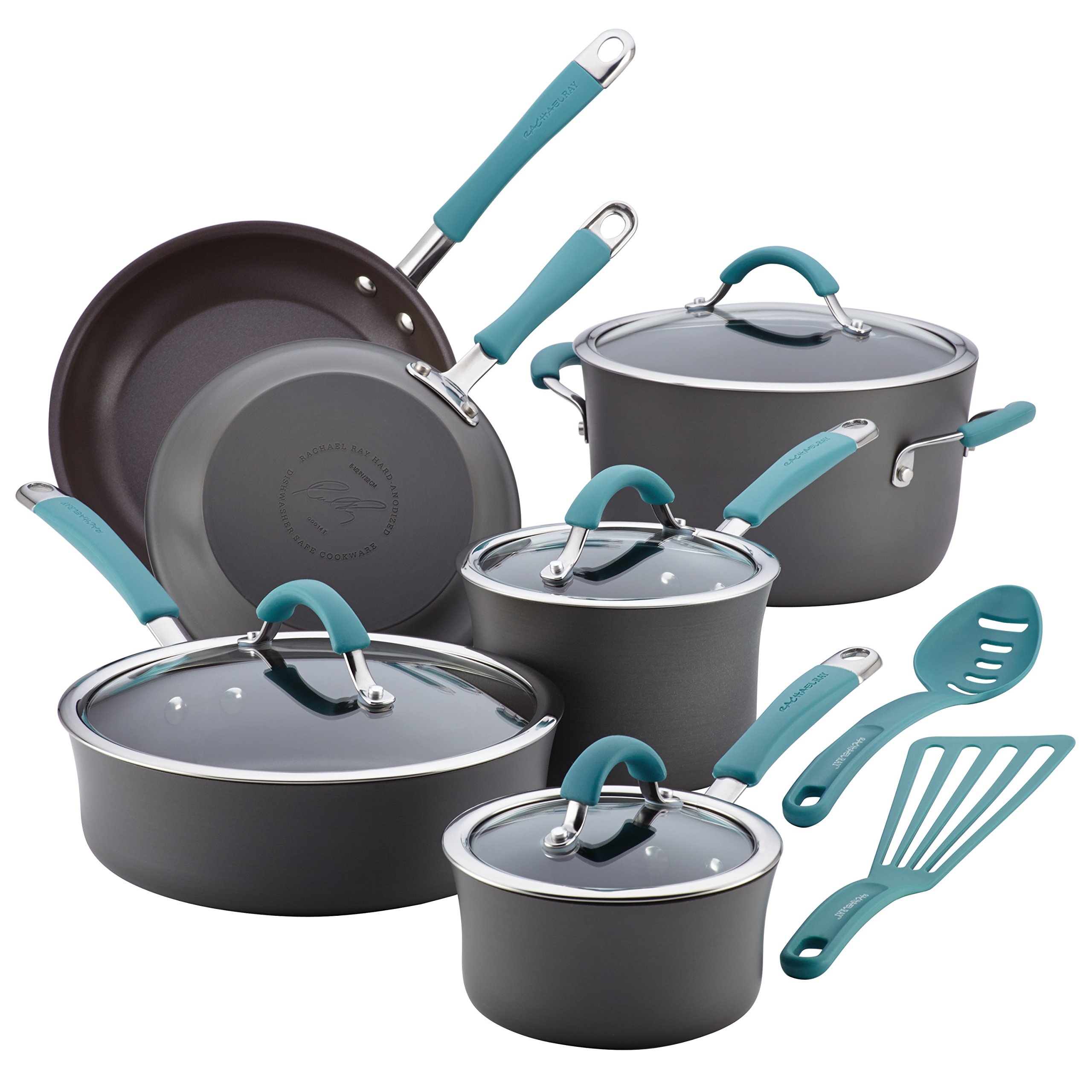 Rachael Ray Cucina 12-Piece Nonstick Cookware Set & 3-Piece Bakeware Set - Hard Anodized Pots, Pans, Cookie Sheets - Gray with Blue Handles - Perfect for Baking, Cooking, and Family Meals