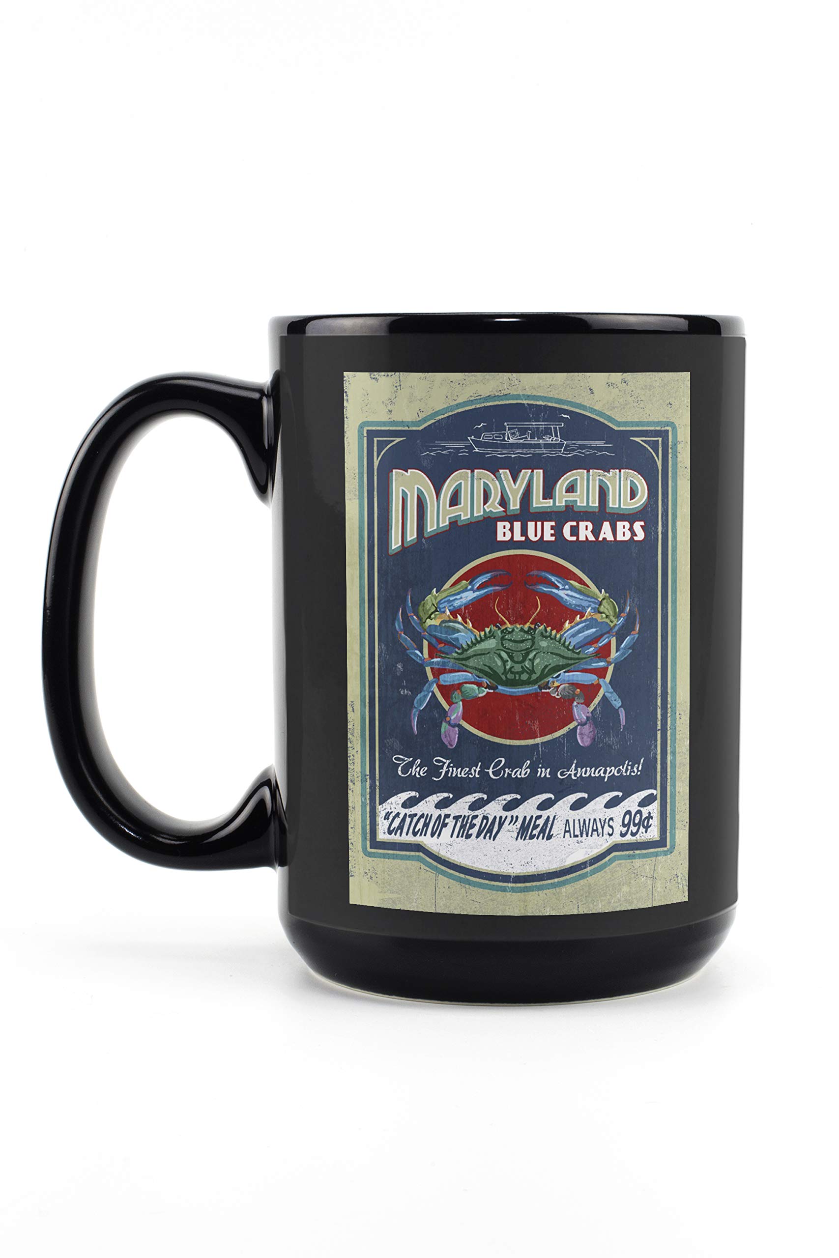 Annapolis Maryland Blue Crabs Vintage Sign Contour - 15oz Black Ceramic Coffee & Tea Mug, Dishwasher & Microwave Safe - Perfect for Home, Office & Gifts