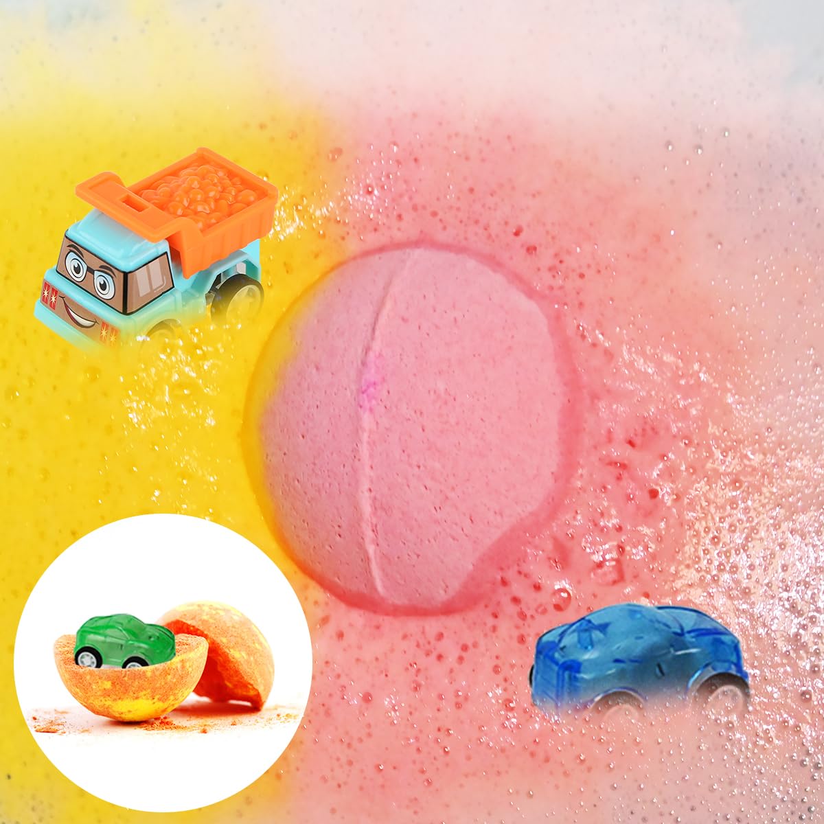 Organic Kids Bath Bombs with Surprise Pull-Back Cars - 9 Pack Colorful Bubble Bath Set with 3 Multifunctional Vehicles | Gentle & Safe for Boys & Girls | Perfect for Birthday Gifts, Sensory Play & Relaxing Bath Time