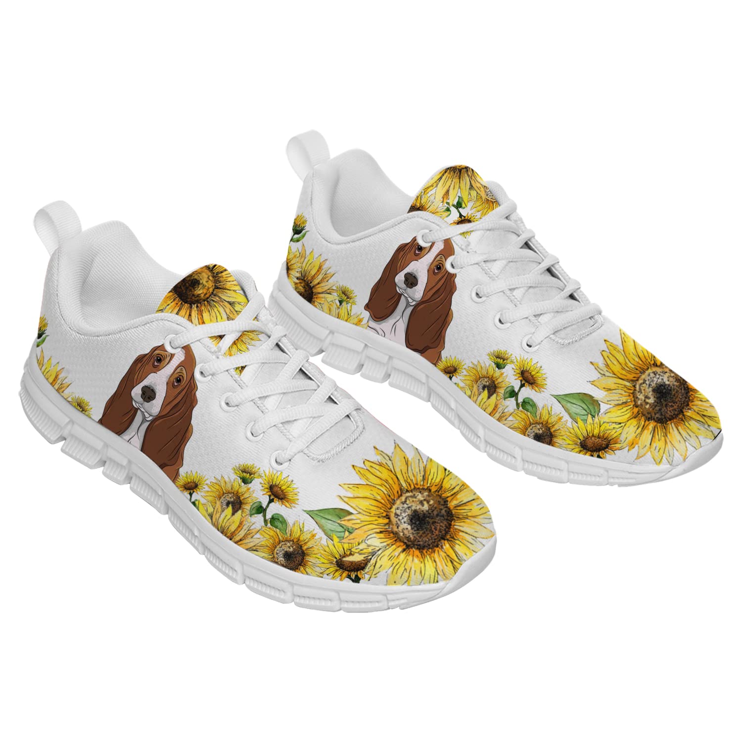 Women's White Sunflower Basset Hound Dog Print Sneakers - Breathable Mesh Running Shoes for Women & Girls (Men's Size 11, Women's Size 13) - Perfect Gift for Bestie, Casual Wear & Outdoor Activities