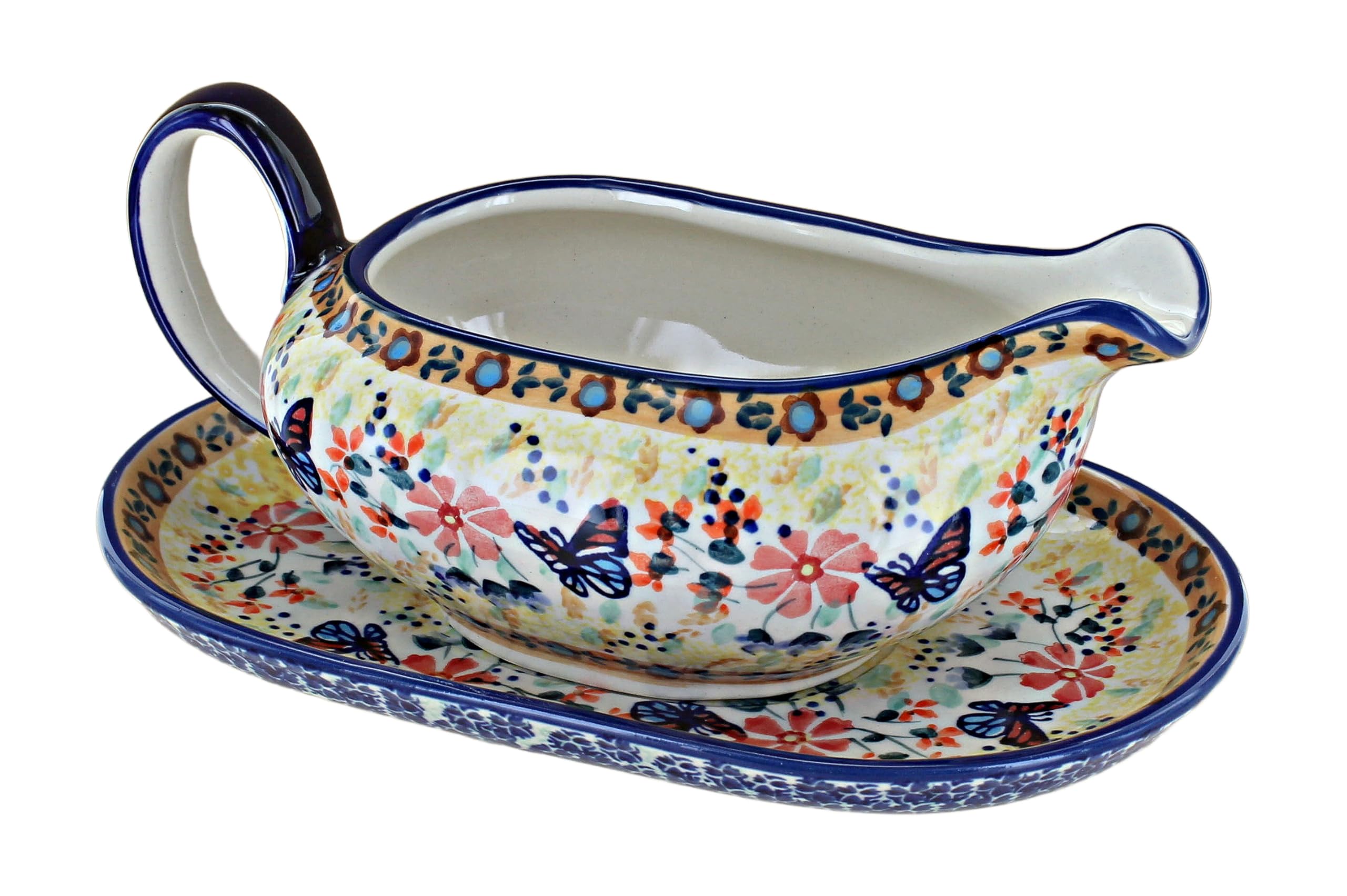 Handmade Blue Rose Polish Pottery Gravy Boat with Butterfly Design & Serving Plate - Elegant Dinnerware for Holiday Meals and Special Occasions