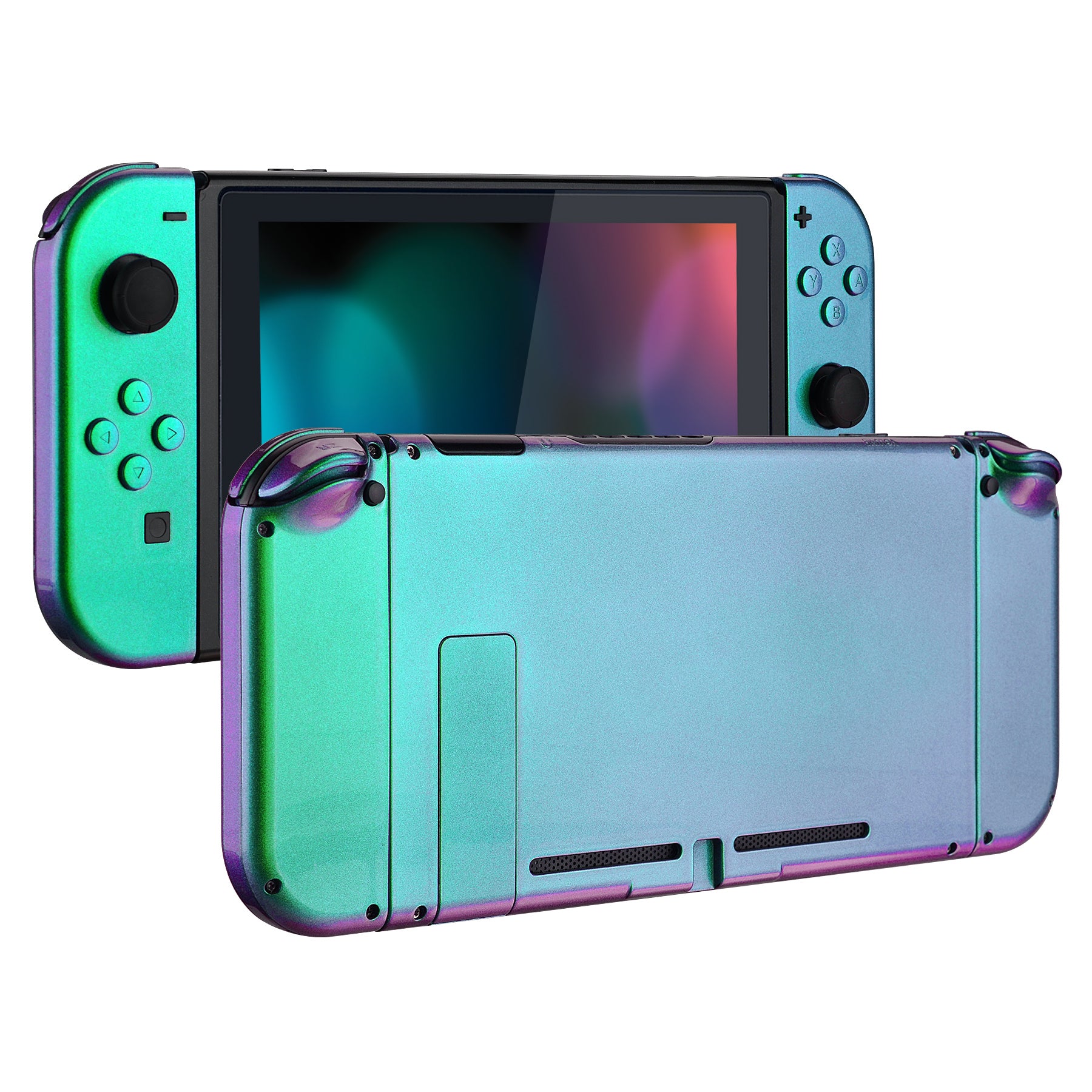 eXtremeRate Glossy Back Plate Replacement Shell for Nintendo Switch & Joy-Con Controllers - Chameleon Green Purple (QP311) | DIY Custom Housing with Full Button Set | Perfect for Gaming Enthusiasts & Console Modders