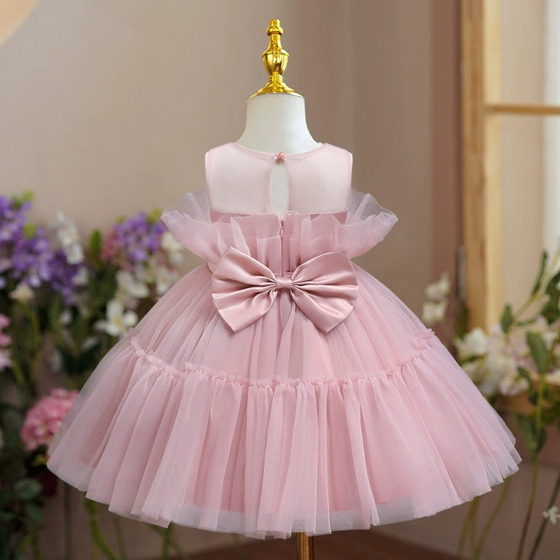 Pink Princess Round Tea Length Tulle Flower Girl Dress for Weddings, Birthday Parties & Special Occasions