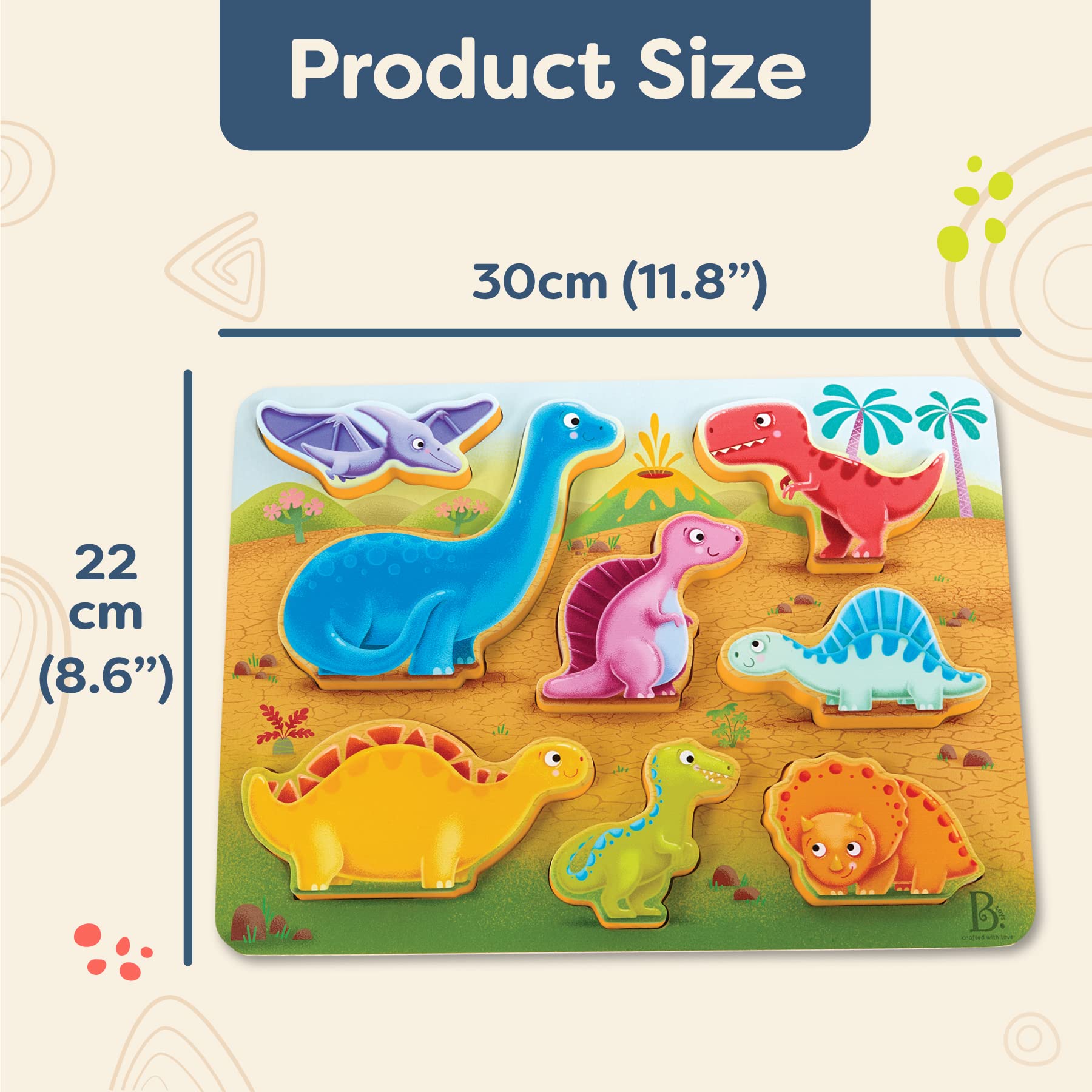 B. Toys Peek & Explore Dinosaur Wooden Puzzle - Chunky Toddler Puzzle for Kids Ages 2+ | Educational Developmental Toy for Fine Motor Skills | Dinosaur Theme Playroom & Preschool Learning Activity