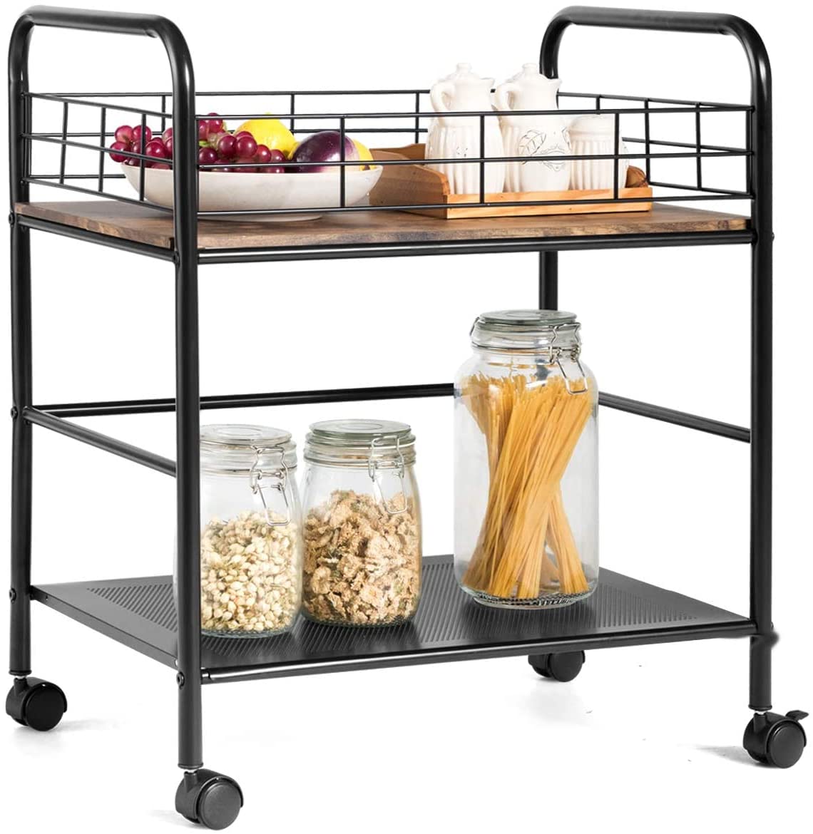 2-Tier Steel Rolling Storage Cart with Lockable Wheels & Wood Look Top - Industrial Style Utility Cart for Kitchen, Office, or Workshop Organization