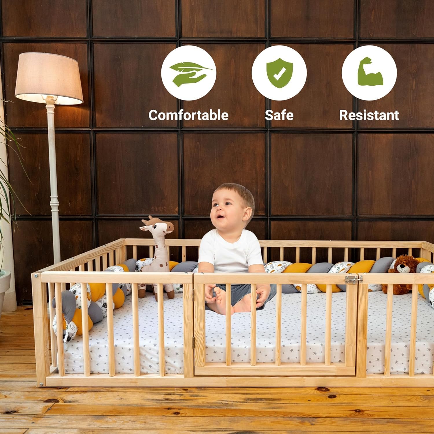 Montessori Floor Bed for Toddlers - Solid Pine Wood Frame with Right Side Door - Sturdy Modern Design for Boys & Girls (19
