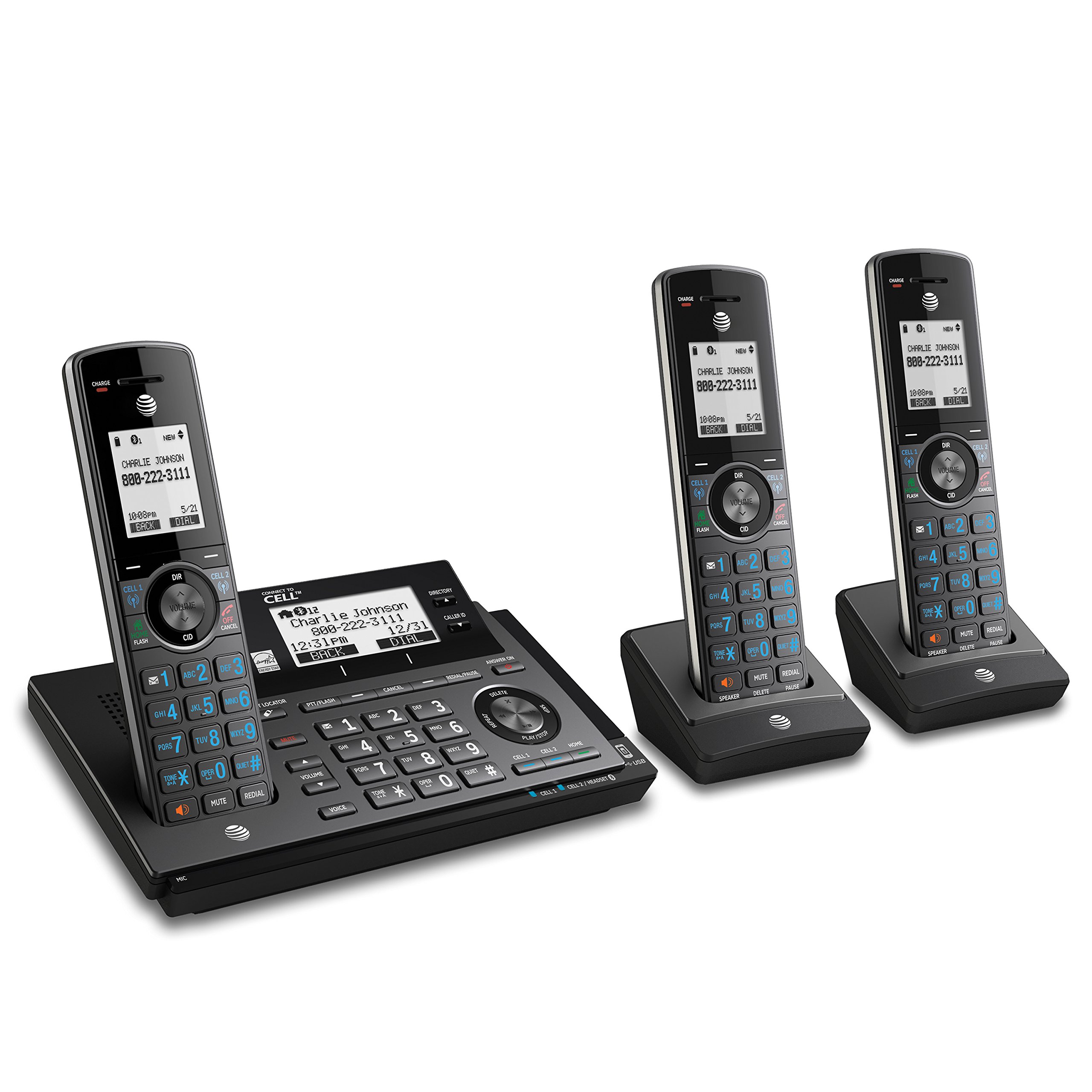 AT&T CLP99387 DECT 6.0 Expandable Cordless Phone with Bluetooth | Connect to Cell & Smart Call Blocker | Answering System | 3 Handsets in Metallic Blue | Ideal for Home & Office Communication