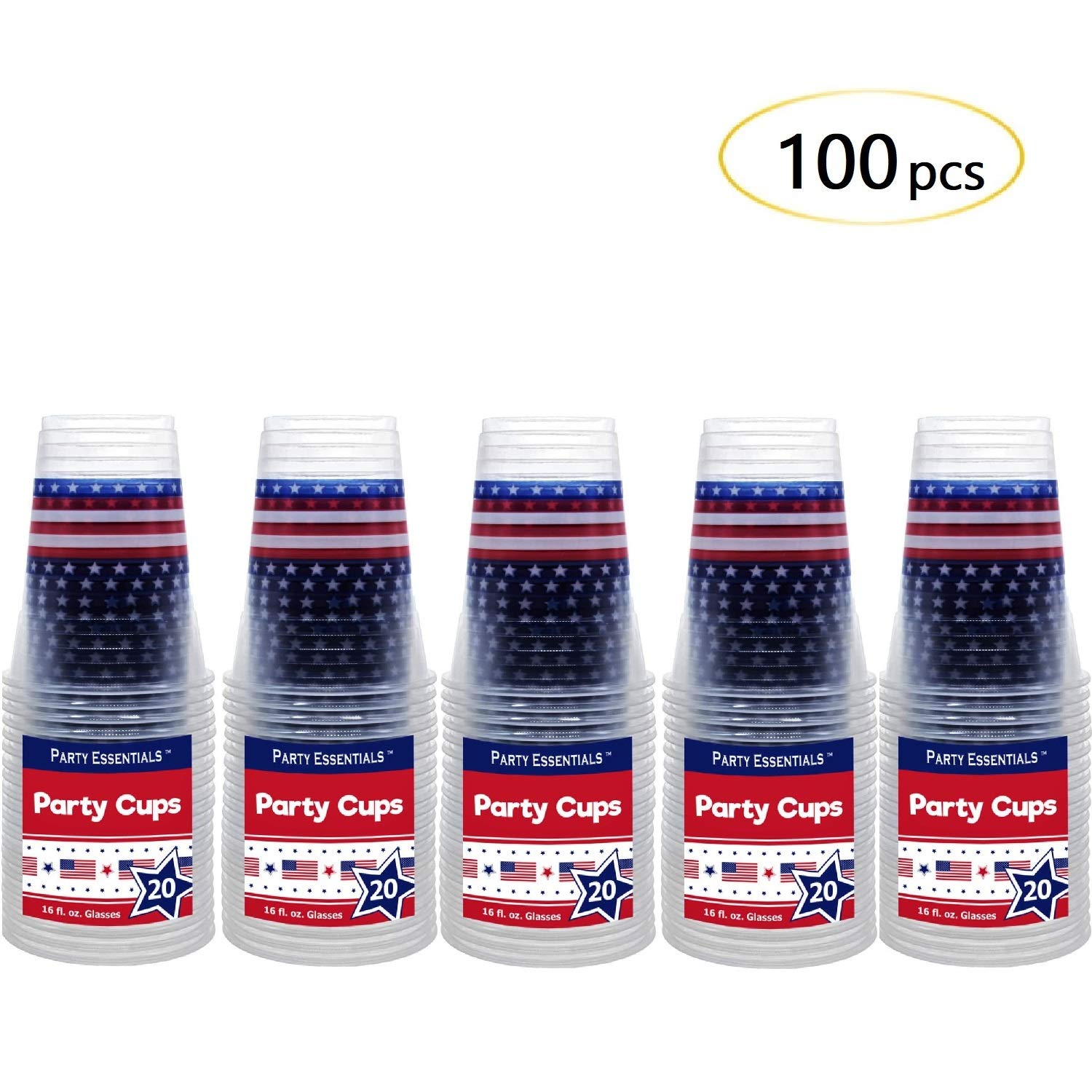 16-Oz Patriotic Stars & Stripes Plastic Party Cups - Bulk Pack of 100 Disposable Drinkware for 4th of July, Memorial Day & Summer BBQs - Durable & BPA-Free