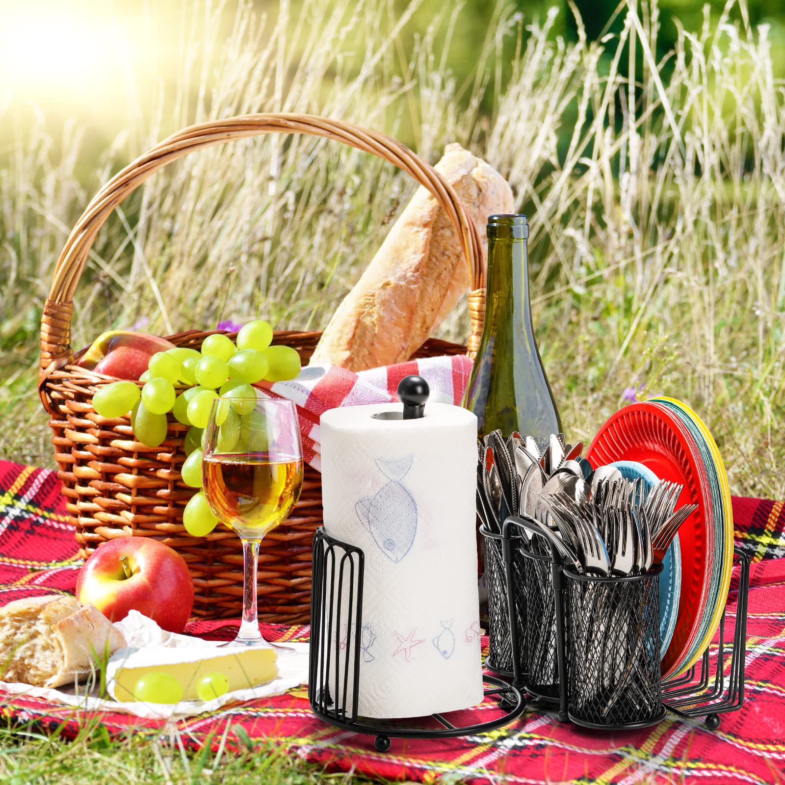 Elsjoy Stainless Steel Utensil Caddy with Paper Towel Holder - Picnic & Buffet Silverware Organizer for Plates, Cutlery & Flatware - Pull-Out Handle Design - Perfect for Outdoor Dining, Kitchen Storage & Party Serving
