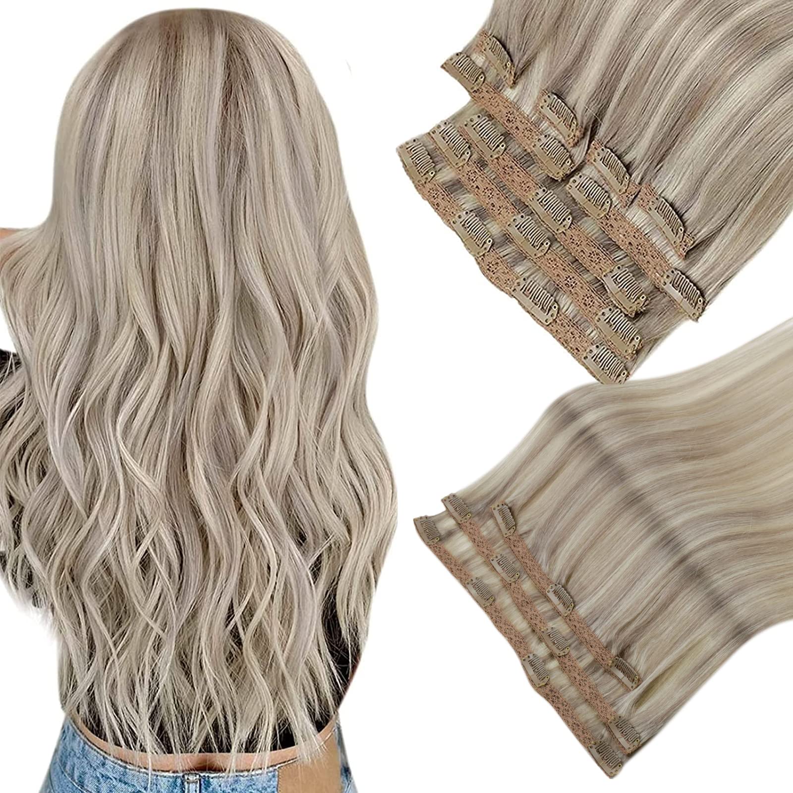 Clip in Human Hair Extensions 20 Inch - Real Platinum Blonde & Grey Highlighted Hair - 3pc & 9pc Sets for Volume & Length - Perfect for Parties, Weddings & Daily Styling