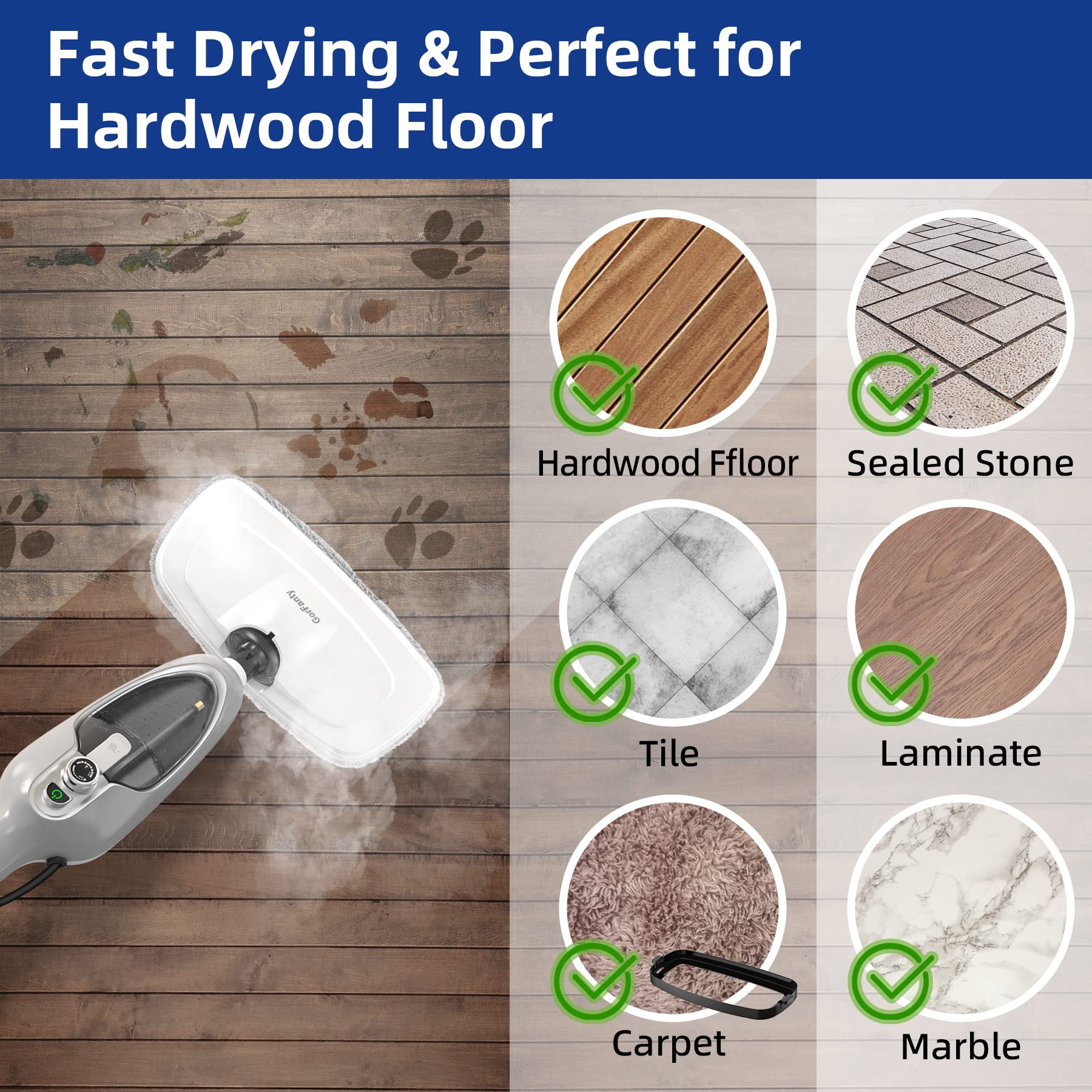 10-in-1 Multi-Purpose Handheld Steam Cleaner with 11 Accessories - Detachable Floor Steamer for Hardwood, Tile & Laminate Floors - Powerful Steam Mop for Carpets, Kitchens & Whole Home Cleaning