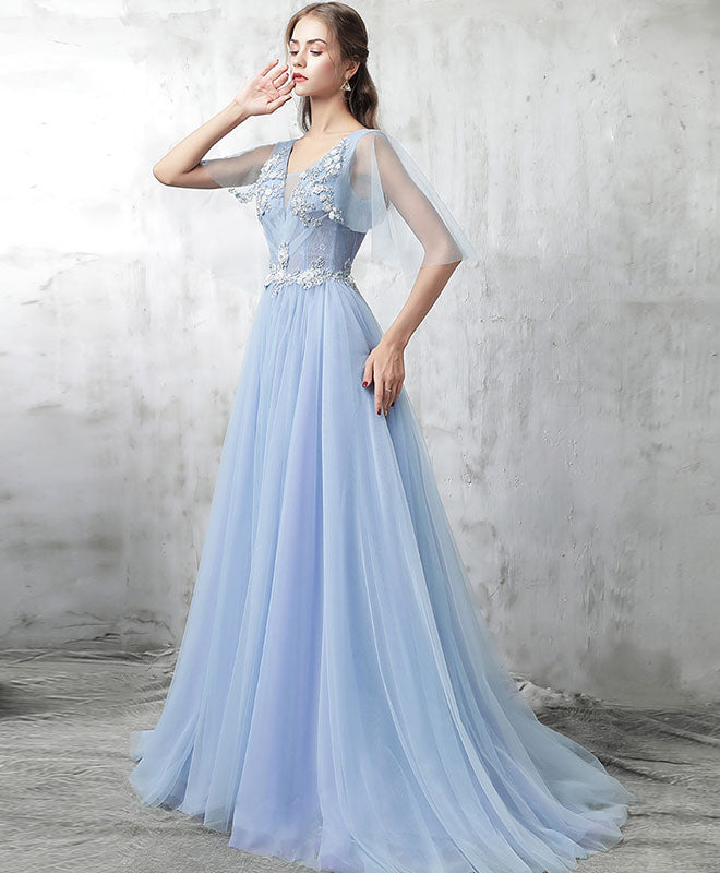 Elegant Blue V-Neck Tulle Lace Applique Long Prom Evening Dress for Women - Perfect for Homecoming, Formal Parties & Special Occasions