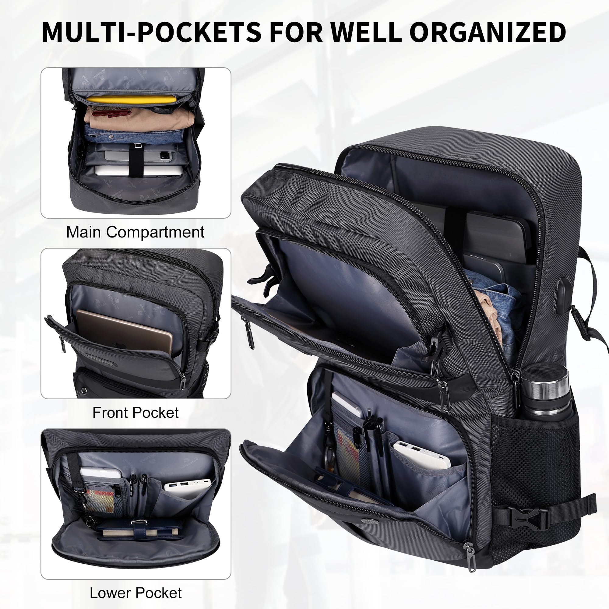 WITZMAN Carry-On Travel Backpack for Men & Women - Airline Approved Laptop Backpack with USB Charging Port (B683 Silvery Grey) - Perfect for Business Trips, College, Commuting & Air Travel