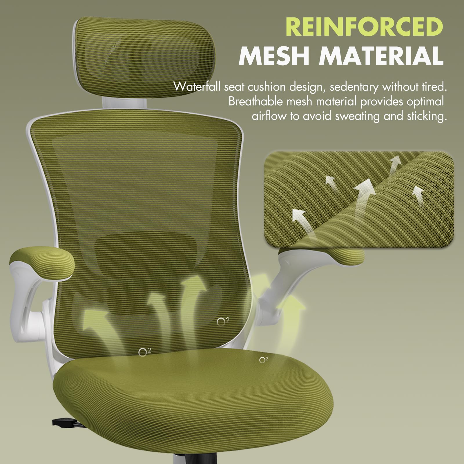 Ergonomic Office Chair with Adjustable Lumbar Support & Headrest - High Back Mesh Computer Desk Chair with Flip-Up Armrests - Breathable & Comfortable for Home Office, Gaming & Study - Green - Perfect for Long Work Hours & Remote Work