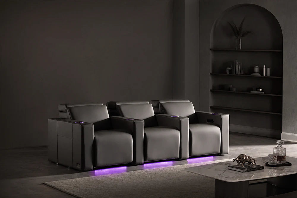 Valencia Barcelona Ultimate Leather Home Theater Seating - 4-Seater Loveseat Left Facing in Graphite for Movie Nights & Entertainment Rooms