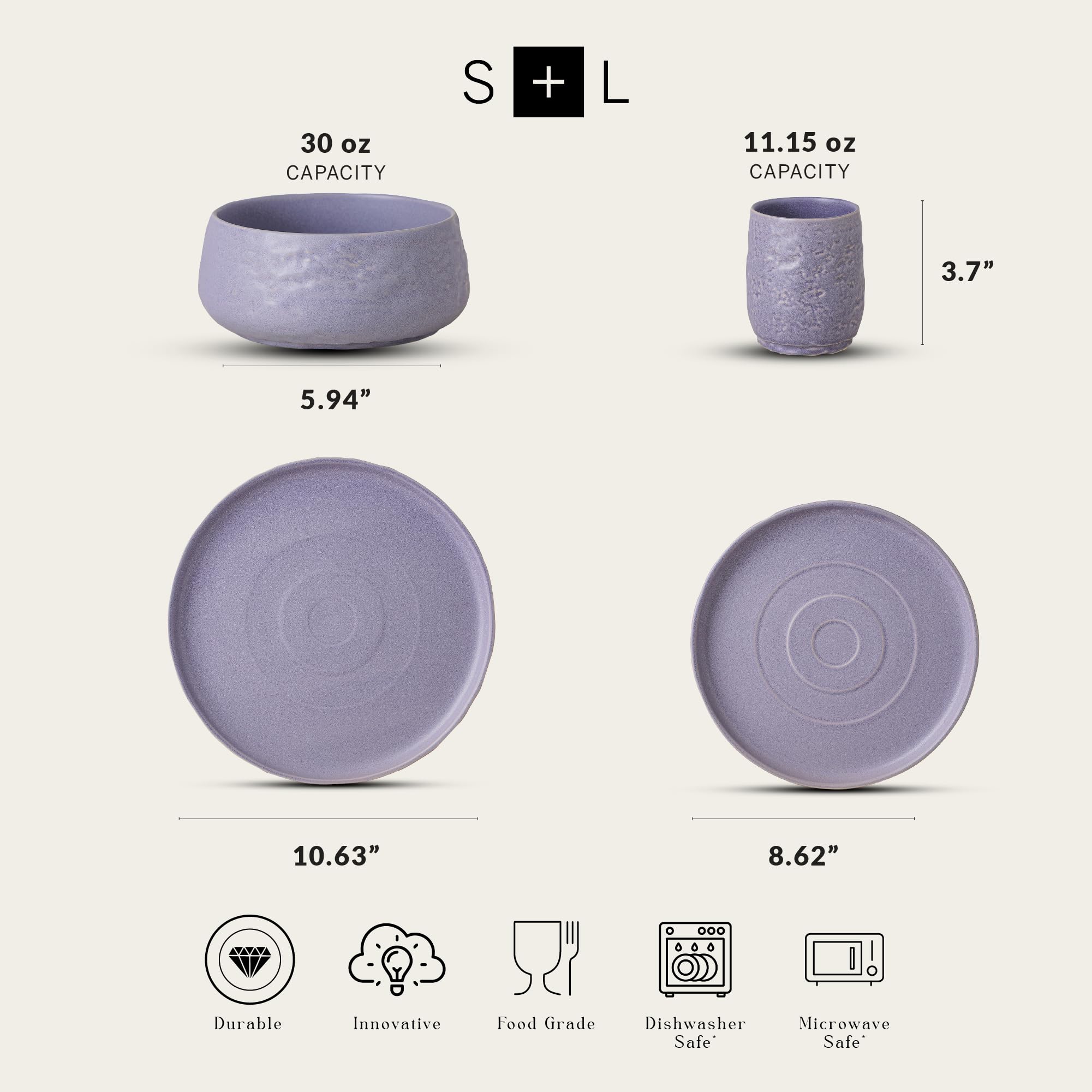 Mercer Project SHOSAI 16-Piece Stoneware Dinnerware Set - Modern Lavender Plates & Bowls for 4 - Durable Ceramic Dishware for Everyday Dining, Entertaining & Restaurant Use