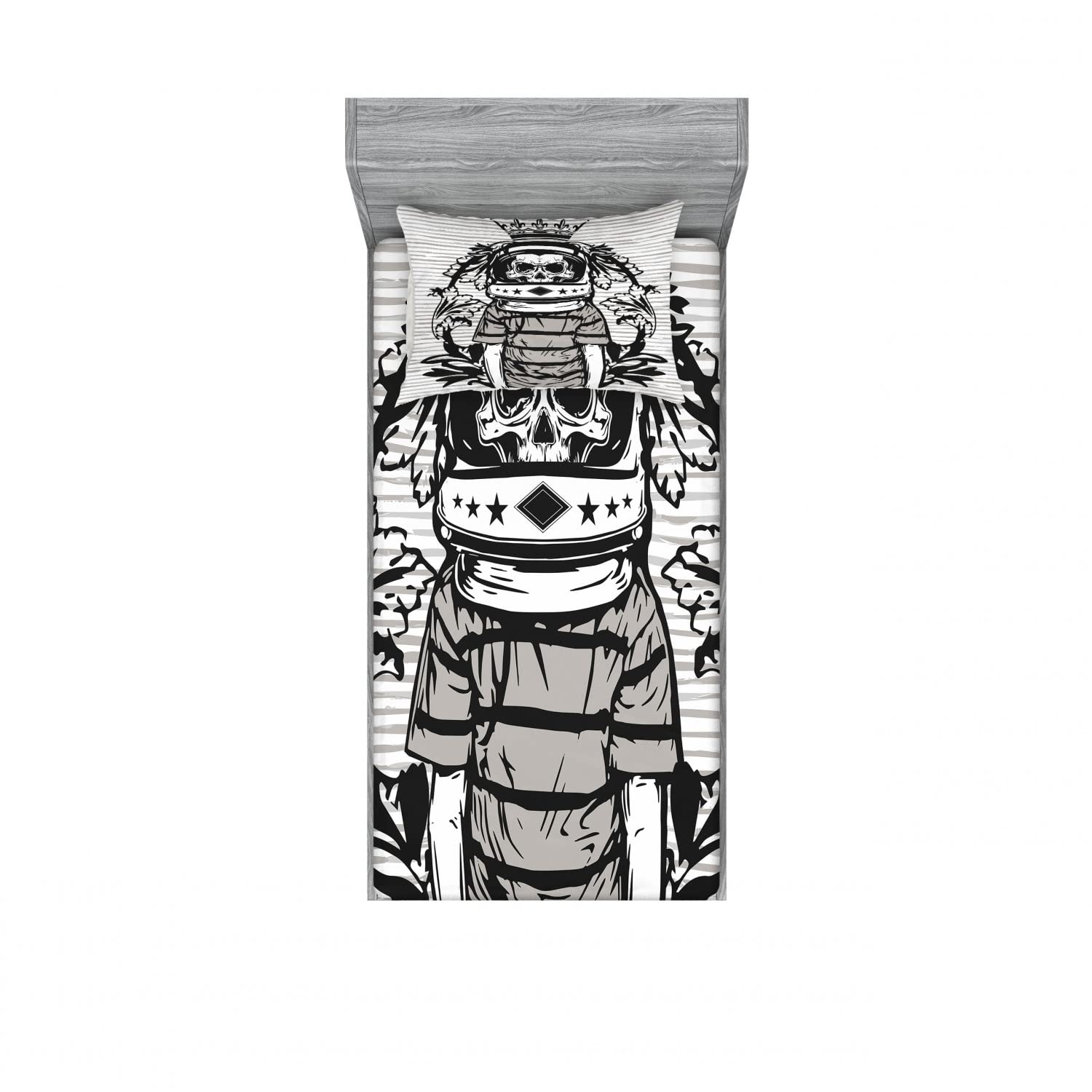 Ambesonne 2-Pack Skull Astronaut Twin Fitted Sheet & Pillow Sham Set - 4 Piece Black and White Bedding Decor for Boys Room, Halloween Party or Space Themed Bedroom