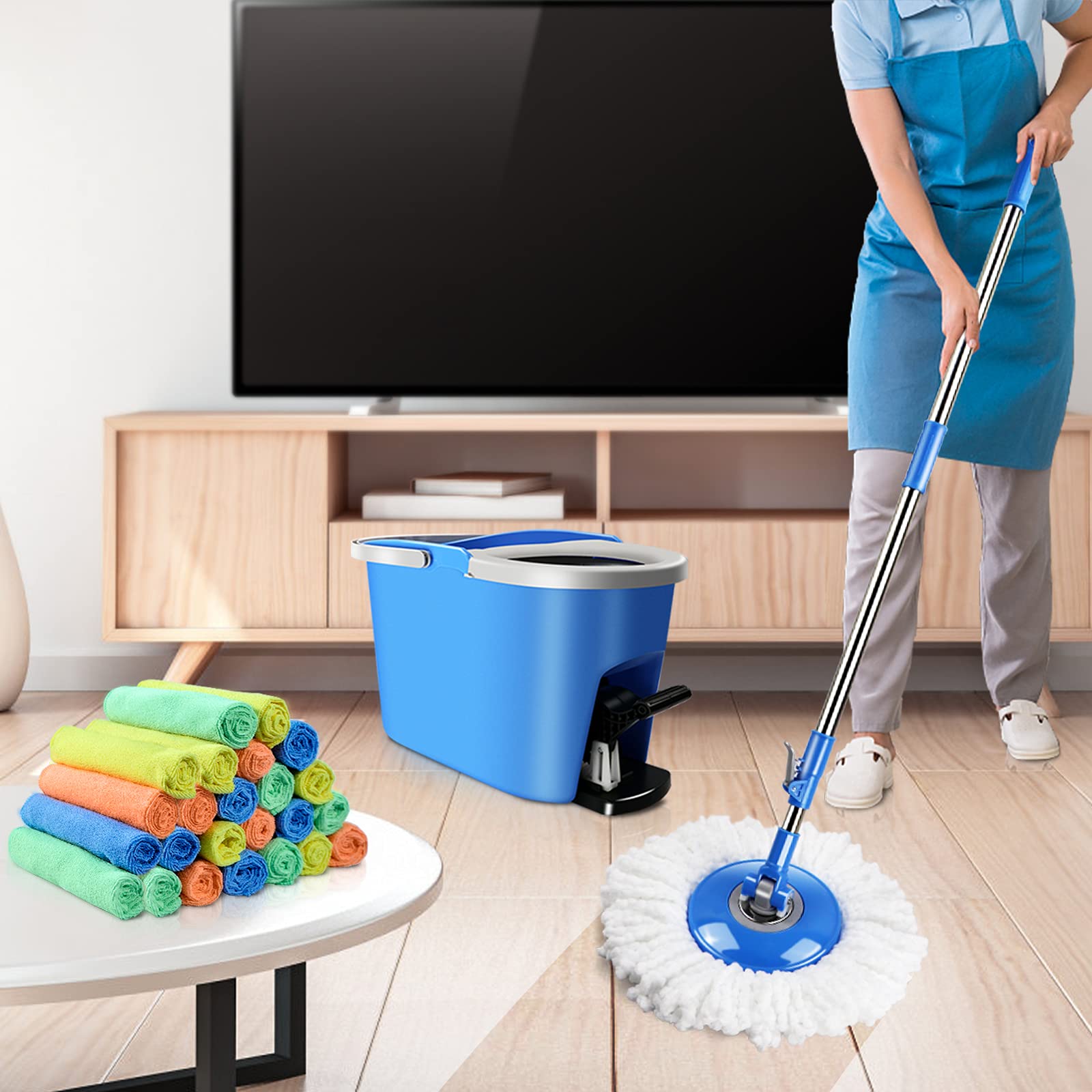MASTERTOP Spin Mop and Bucket Set with Foot Pedal Wringer & 24 Microfiber Cleaning Cloths - Effortless Floor Cleaning for Hardwood, Tile & Laminate Floors