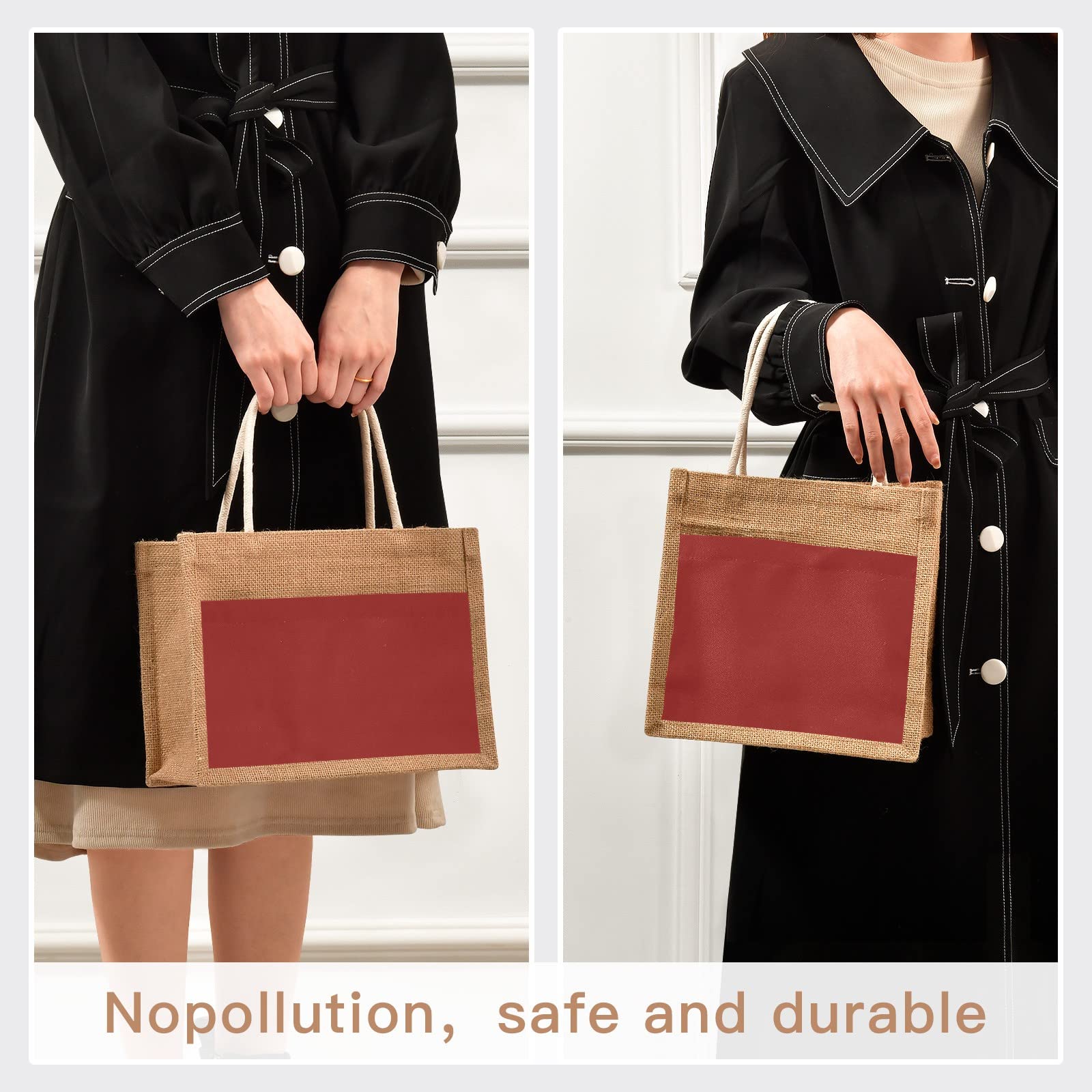 Linqin Burgundy Jute Tote Bag - Waterproof Burlap Straw Grocery Bag with Sturdy Handles for Shopping, Travel & Beach | Eco-Friendly Reusable Shopping Tote for Groceries, Picnics and Farmers Market