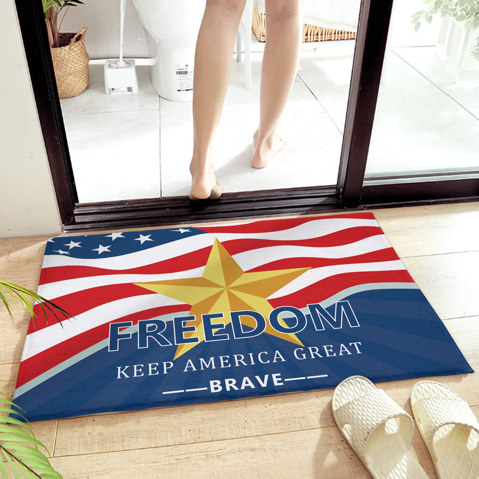 USA Flag Bathroom Rug - Non-Slip Plush Microfiber Bath Mat with Gold Stars, Patriotic Shower Rug (24x35 Inch) | Soft Water Absorbent Floor Mat for Bathroom, Kitchen & Laundry Room Decor
