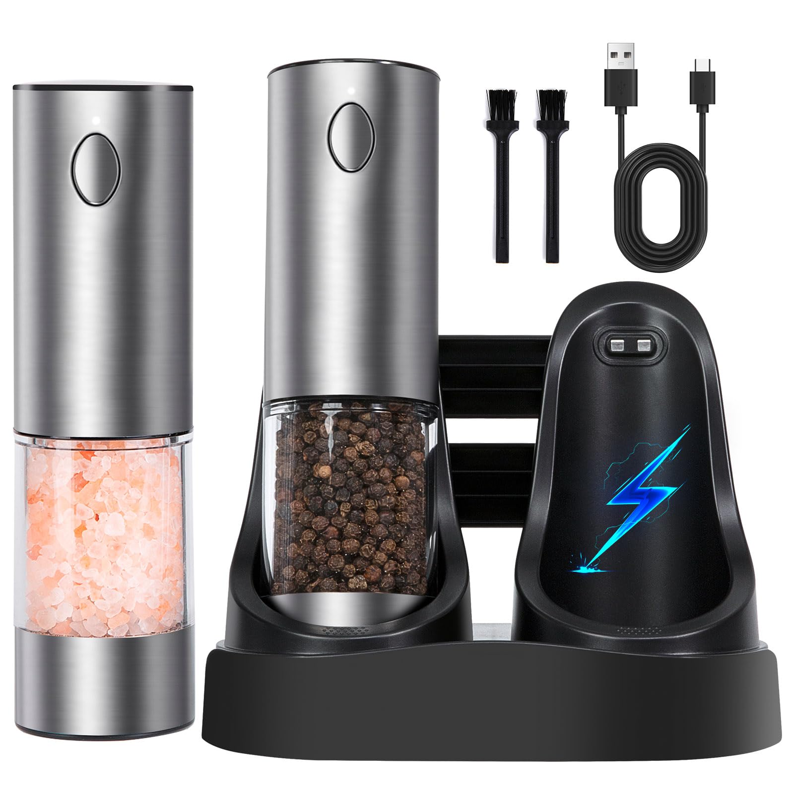 Premium Electric Salt and Pepper Grinder Set - Rechargeable Automatic Spice Mill with LED Light & Adjustable Coarseness | Stainless Steel One-Hand Operated Refillable Seasoning Tool for Kitchen, Dining Table & Outdoor BBQ