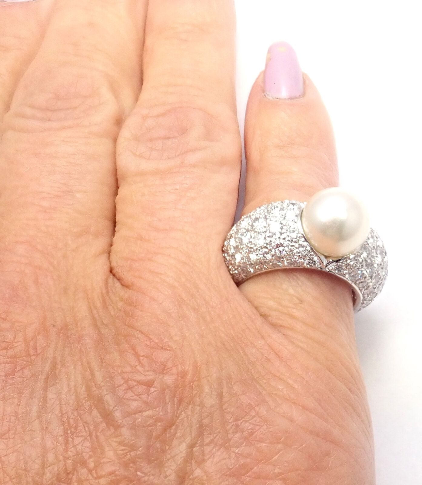 Authentic Cartier Juliette 18k White Gold Cultured Pearl Diamond Ring for Women - Elegant Wedding, Engagement & Anniversary Jewelry Gift