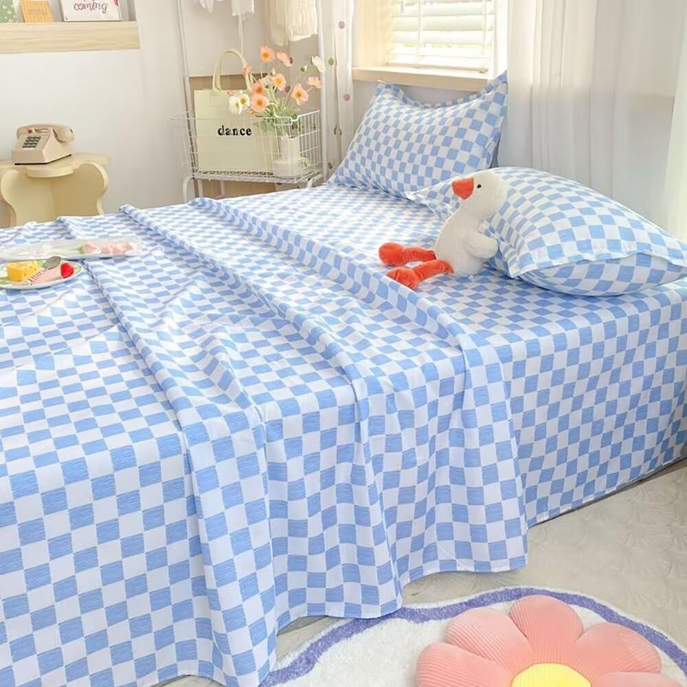 Houseri Light Blue Plaid Sheet Set - Full Size Aqua Blue Grid Fitted Sheets with Pillowcases for Bedroom, Guest Room & Dorm - Soft Breathable Cotton Blend Bedding