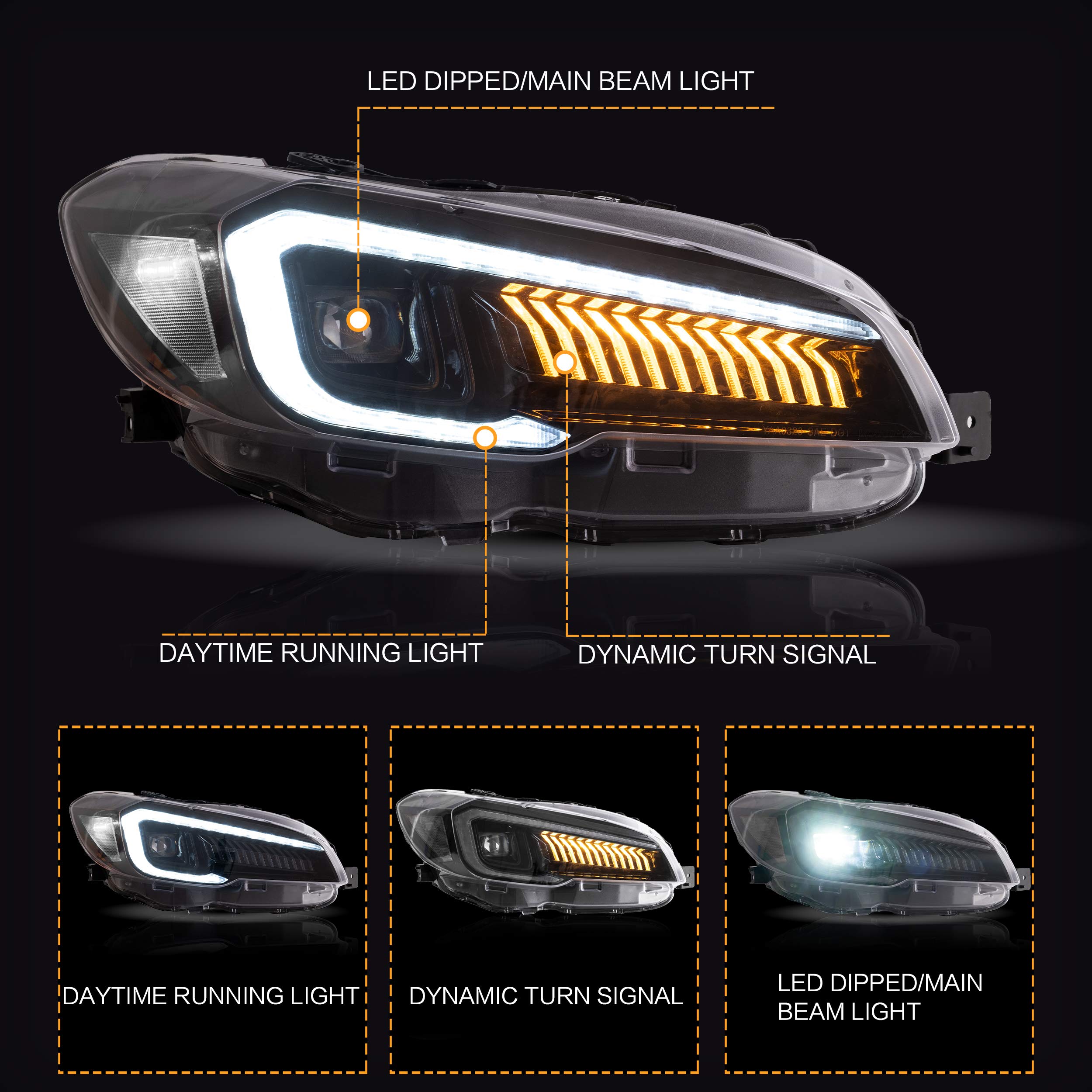 VLAND LED Headlight Assembly for Subaru WRX/STI 2015-2021 (Base/Premium/Limited) - Non-LED & Non-AFS/SRH Models - DRL Welcome Lights & Clear Reflector - Upgrade Your Car's Style & Night Visibility