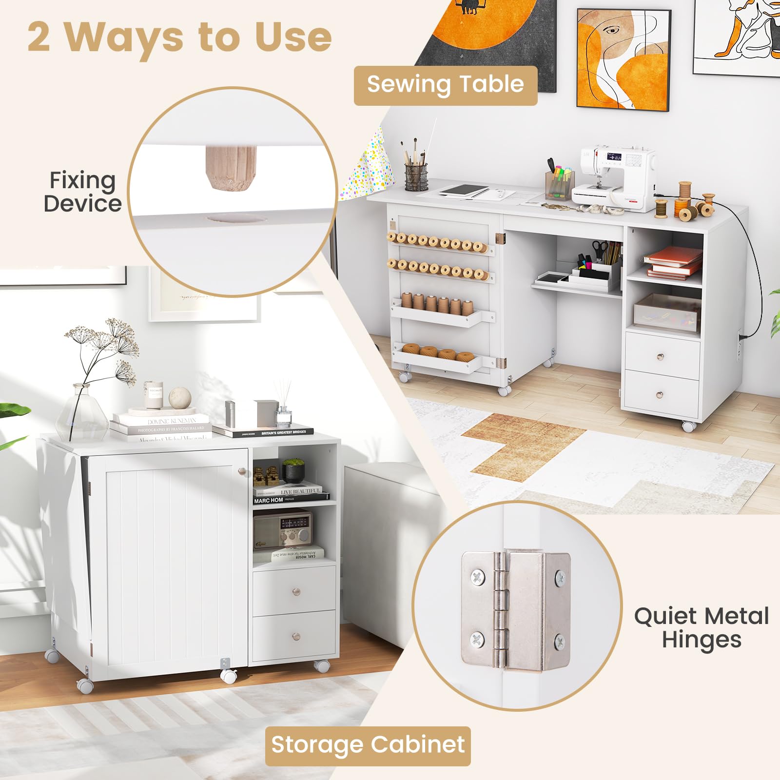 Giantex Folding Sewing Table with Charging Station & Storage - Rolling Craft Table with 18 Pegs, 2 Trays, Shelves & Drawers - Foldable Sewing Machine Cabinet with 6 Lockable Wheels, White - Perfect for Quilting, Sewing Projects & Craft Rooms