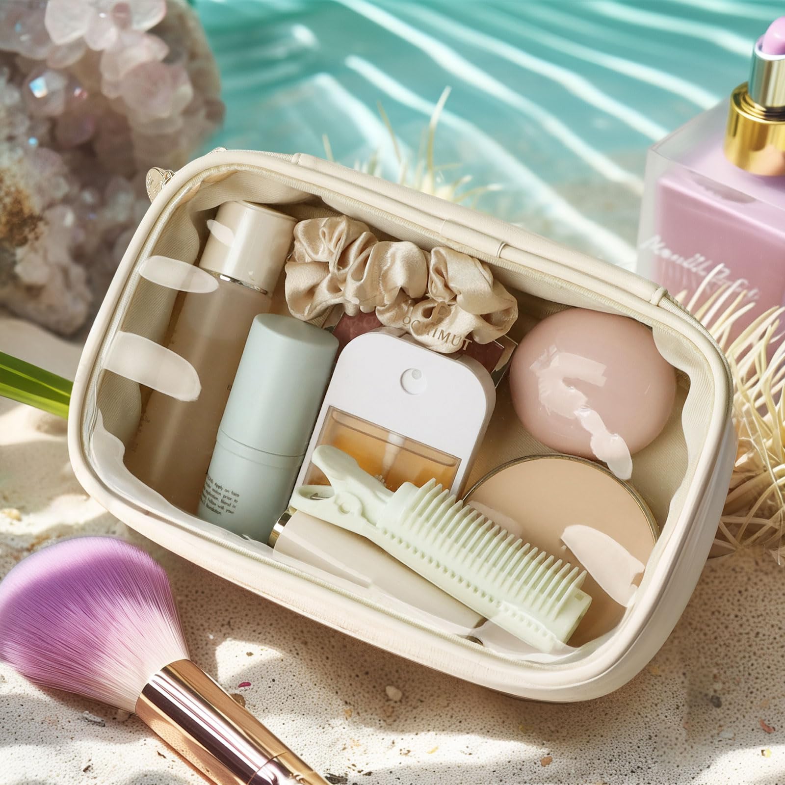 Pocmimut Small Clear Makeup Bag for Women - Travel Cosmetic Organizer & Car Accessories Storage | Perfect for Travel Essentials, Daily Use & On-the-Go Beauty Storage (Beige)