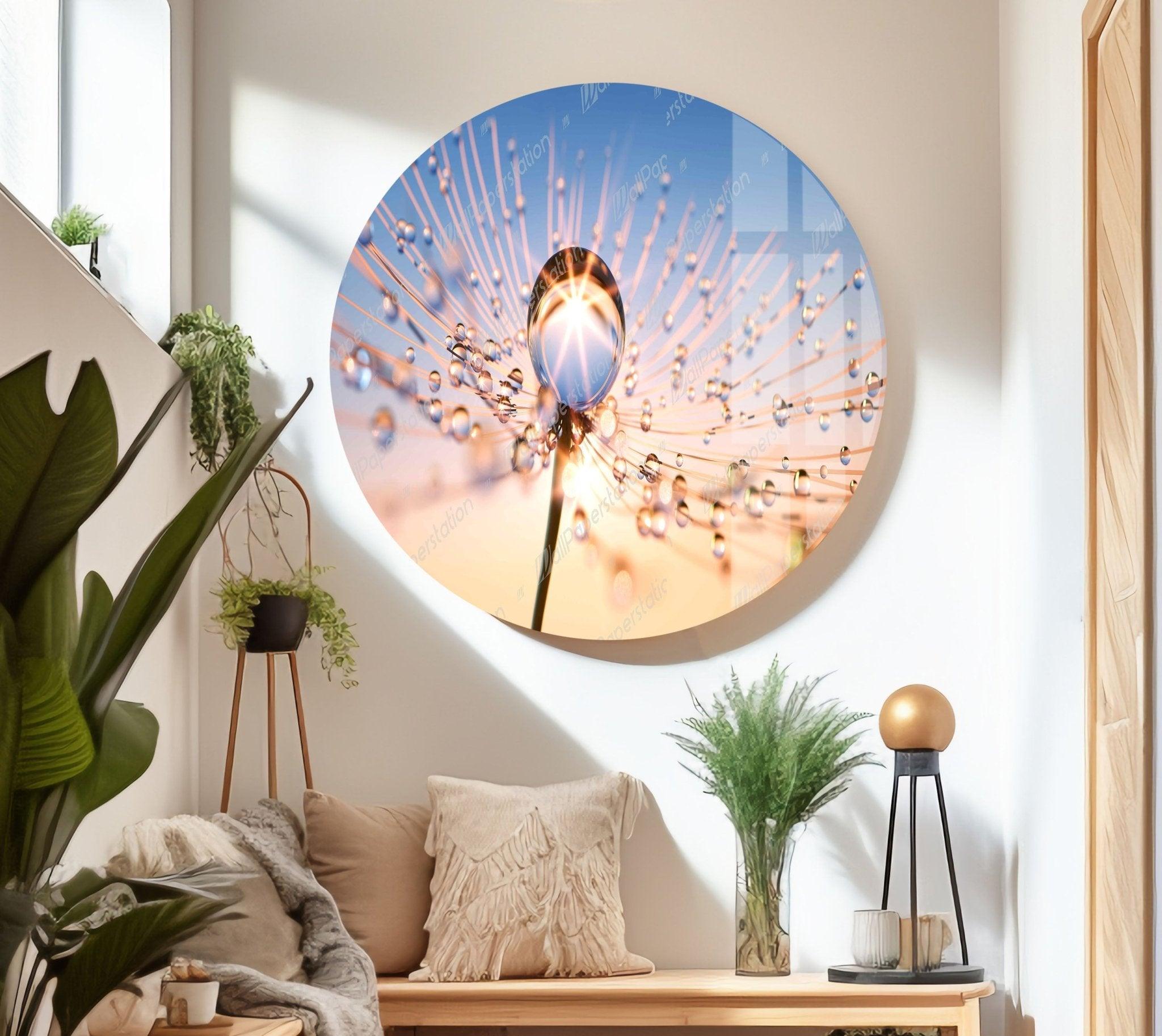 Dandelion Glass Wall Art with Sun Drops - Handmade Nature-Inspired Decor for Living Room, Bedroom, or Office