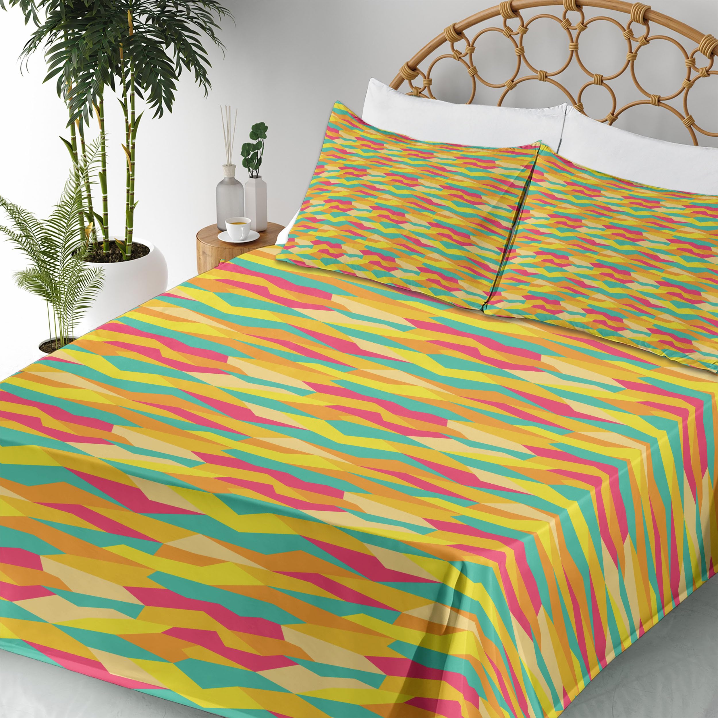 Ambesonne Geometric Bed Sheet Set 4-Piece - King Size, Jade Green & Marigold, Funky Prehistoric Tile Design, Fitted & Flat Sheets with Pillowcases | Modern Bedroom Decor, Guest Room Essentials, Unique Gift Idea
