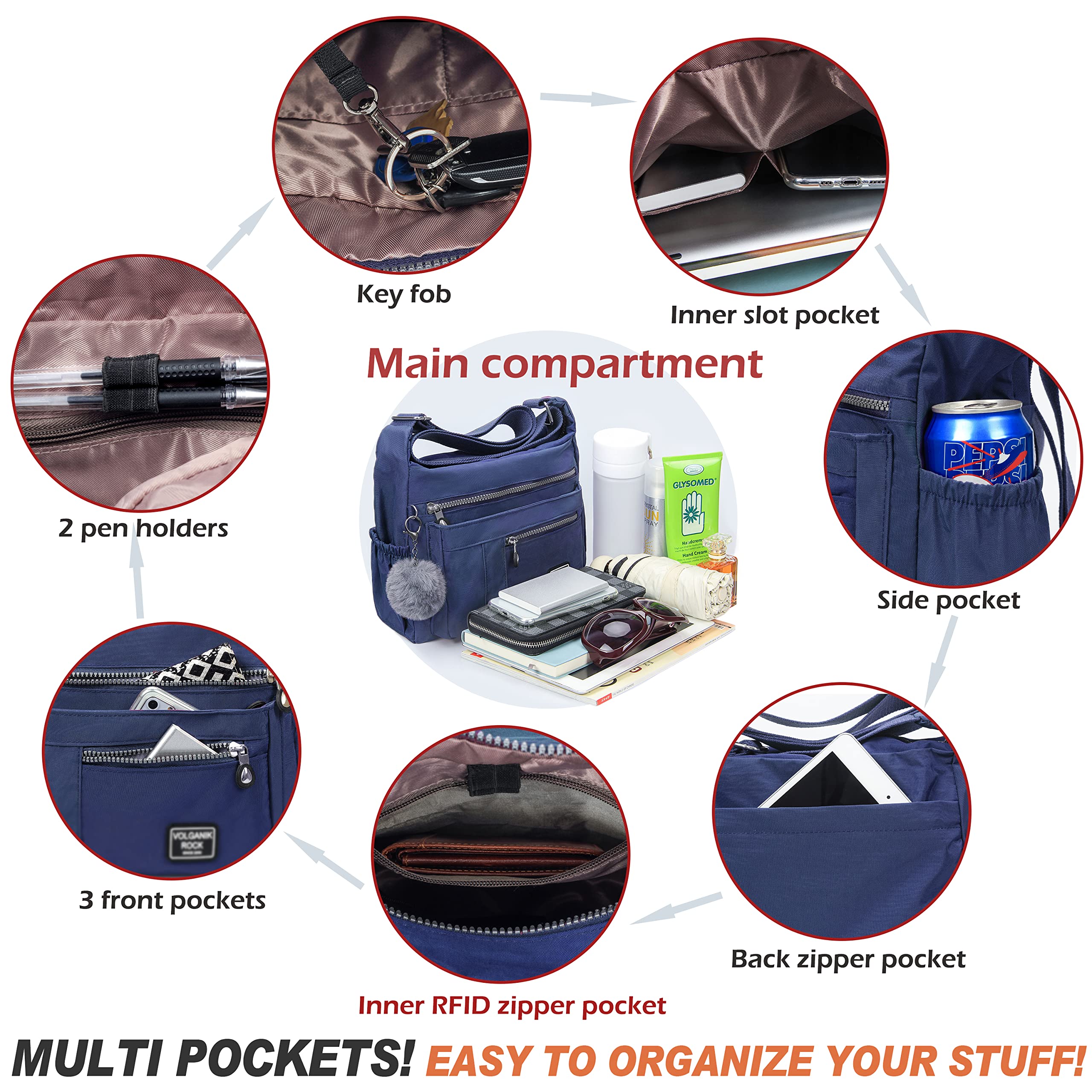 VOLGANIK ROCK Women's RFID Anti-Theft Crossbody Bag - Water Resistant Shoulder Purse for Travel, Shopping & Daily Use