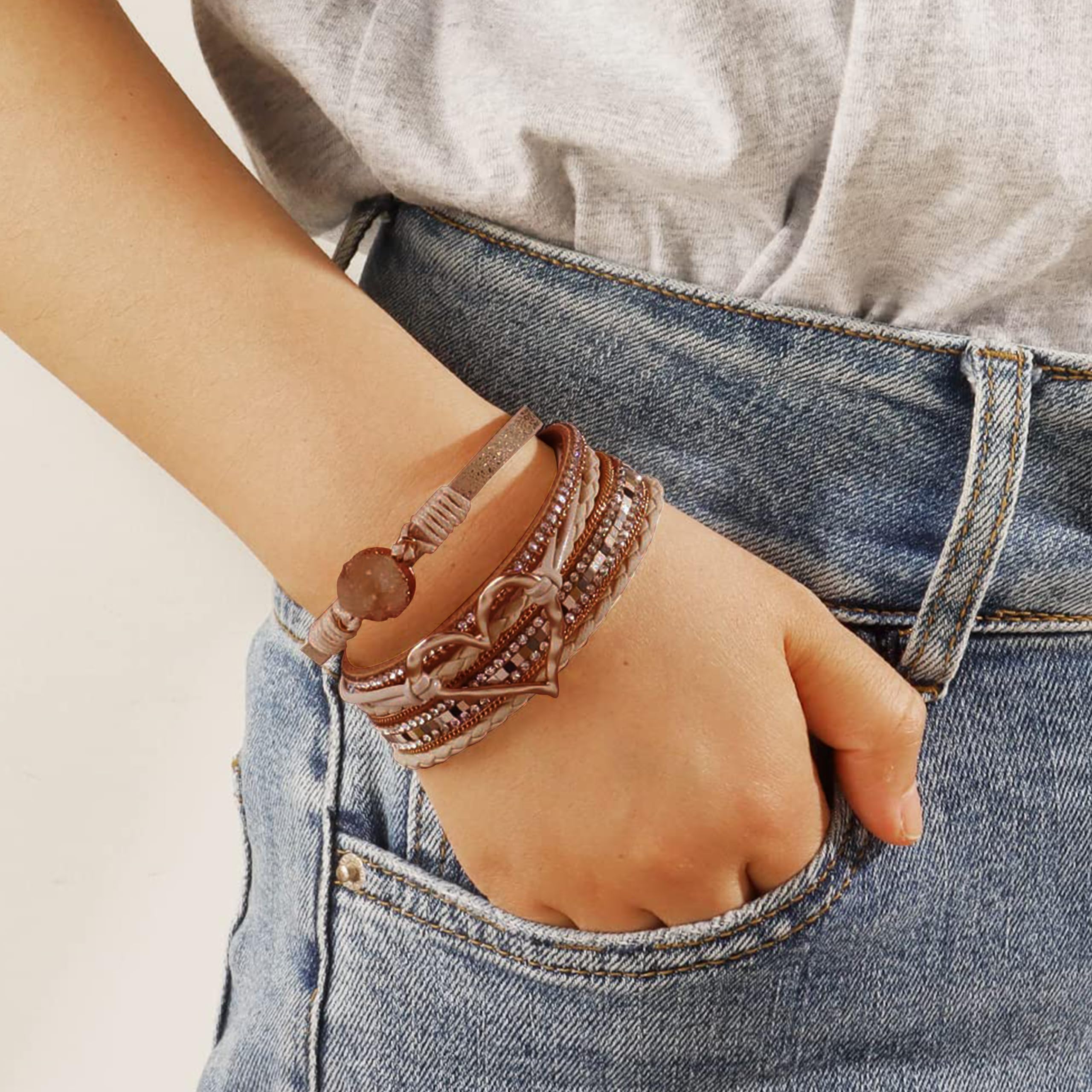 Trendy Boho Leather Heart Bracelets for Women - Handmade Layered Chunky Wrap Bracelets Stack, Valentine's Day Gifts for Her | Perfect for Everyday Wear, Boho Jewelry Layering & Festival Outfits - Ideal for Date Nights, Music Festivals & Casual Chic Style