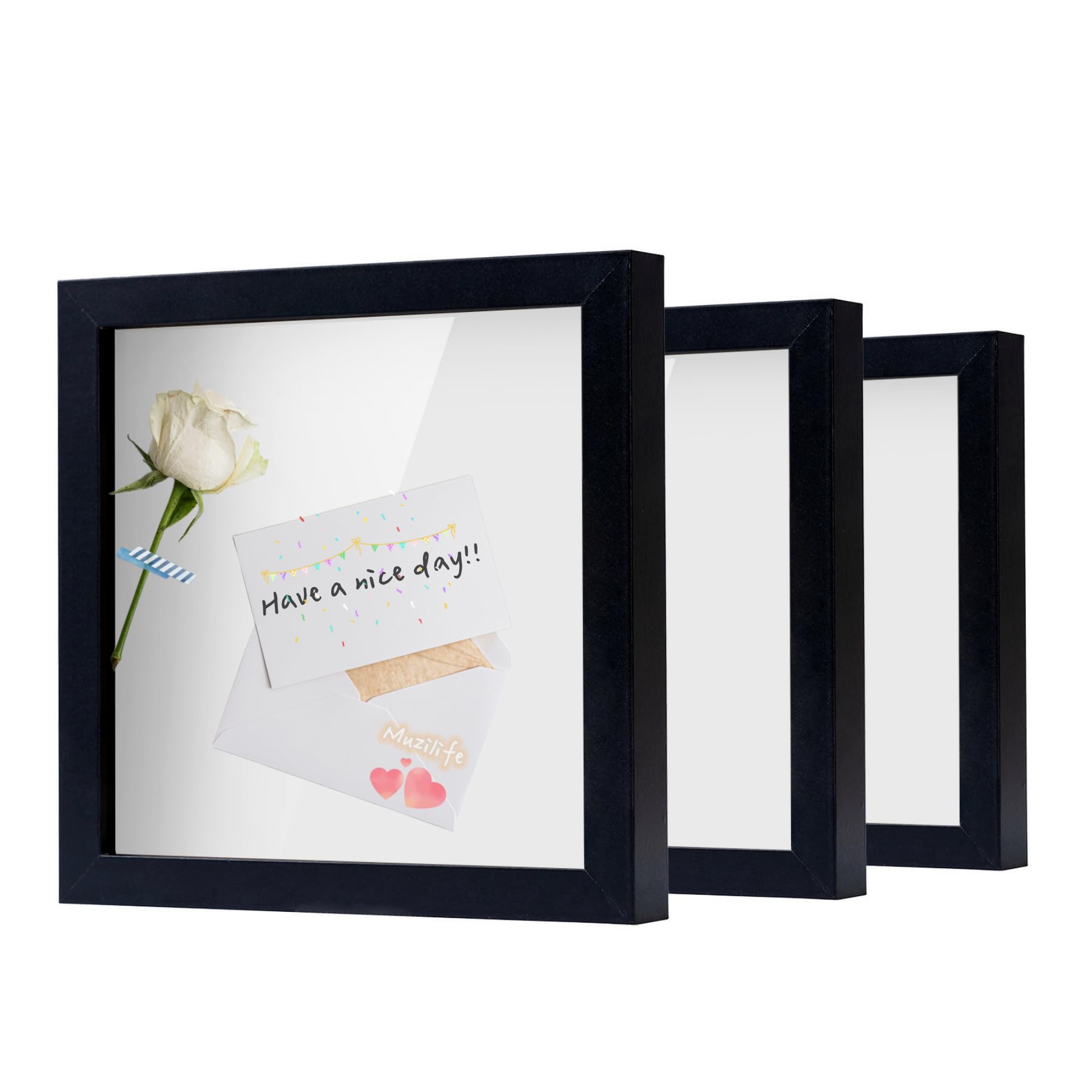 MUZILIFE 8x8 Shadow Box Picture Frame 3-Pack - Wooden 3D Display Case with Glass Cover for Medals, Wedding Memories, Tickets & Photos - Black - Perfect for Home Decor, Office Display & Gift Giving