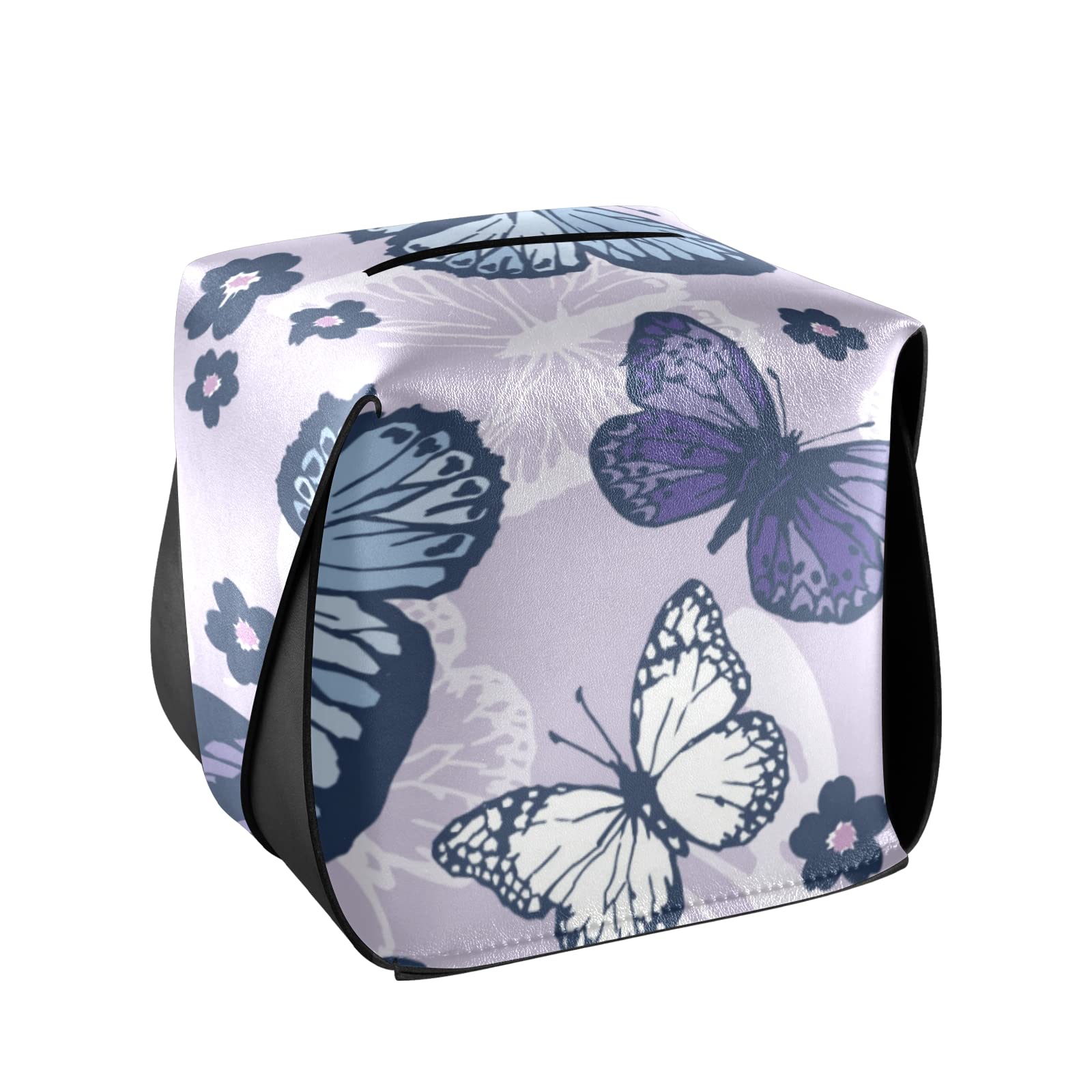 Purple Butterfly Rectangle PU Leather Tissue Box Cover with Removable Handle - Wall Mountable Tissue Holder Dispenser for Car, Bathroom, Bedroom, Nightstand & Desk - Perfect for Home, Office and Travel Use