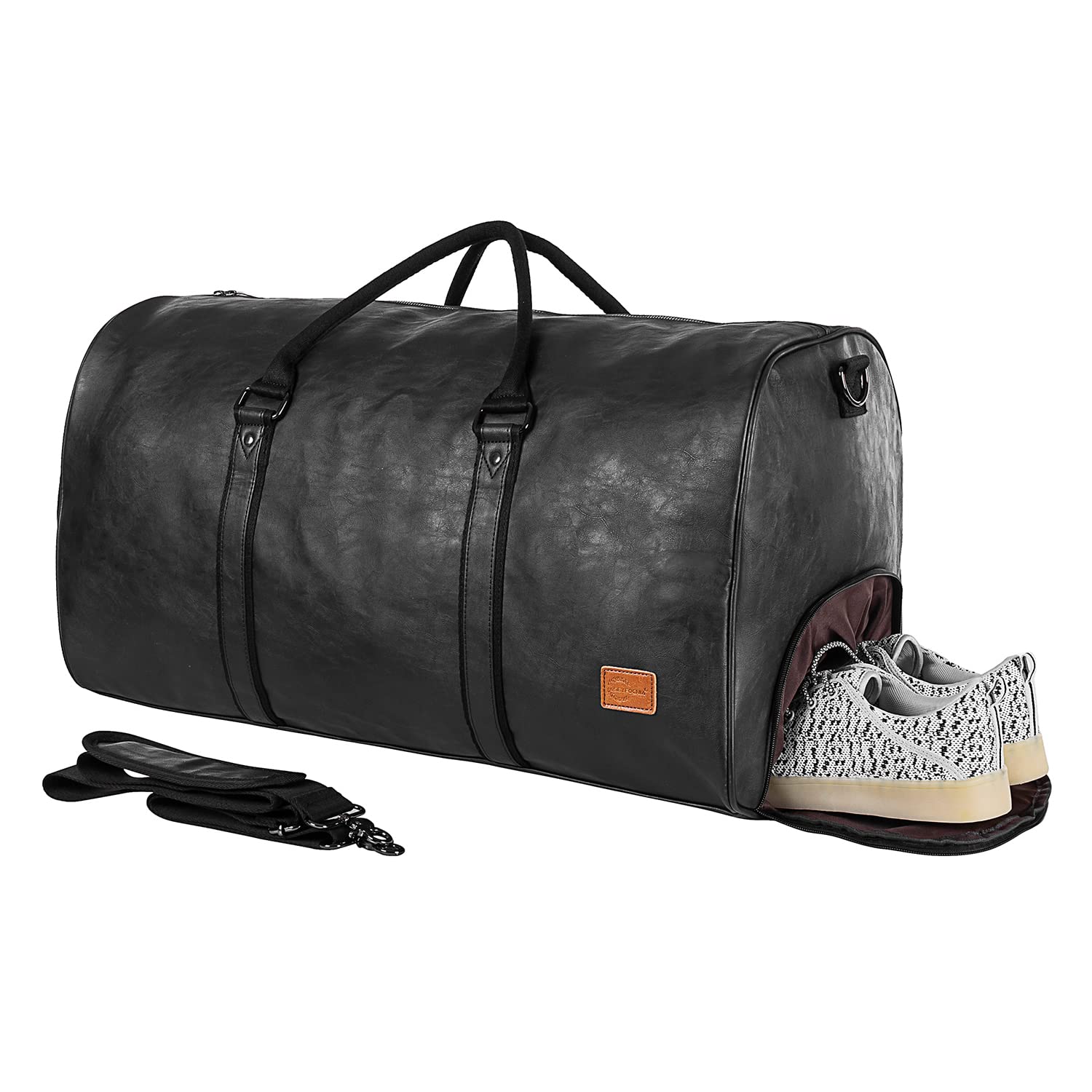 Premium Leather Travel Bag with Shoe Compartment - Waterproof Gym & Sports Weekender Overnight Duffle - Large Carry On Bag for Men & Women (Black) - Perfect for Business Trips, Gym Workouts & Weekend Getaways