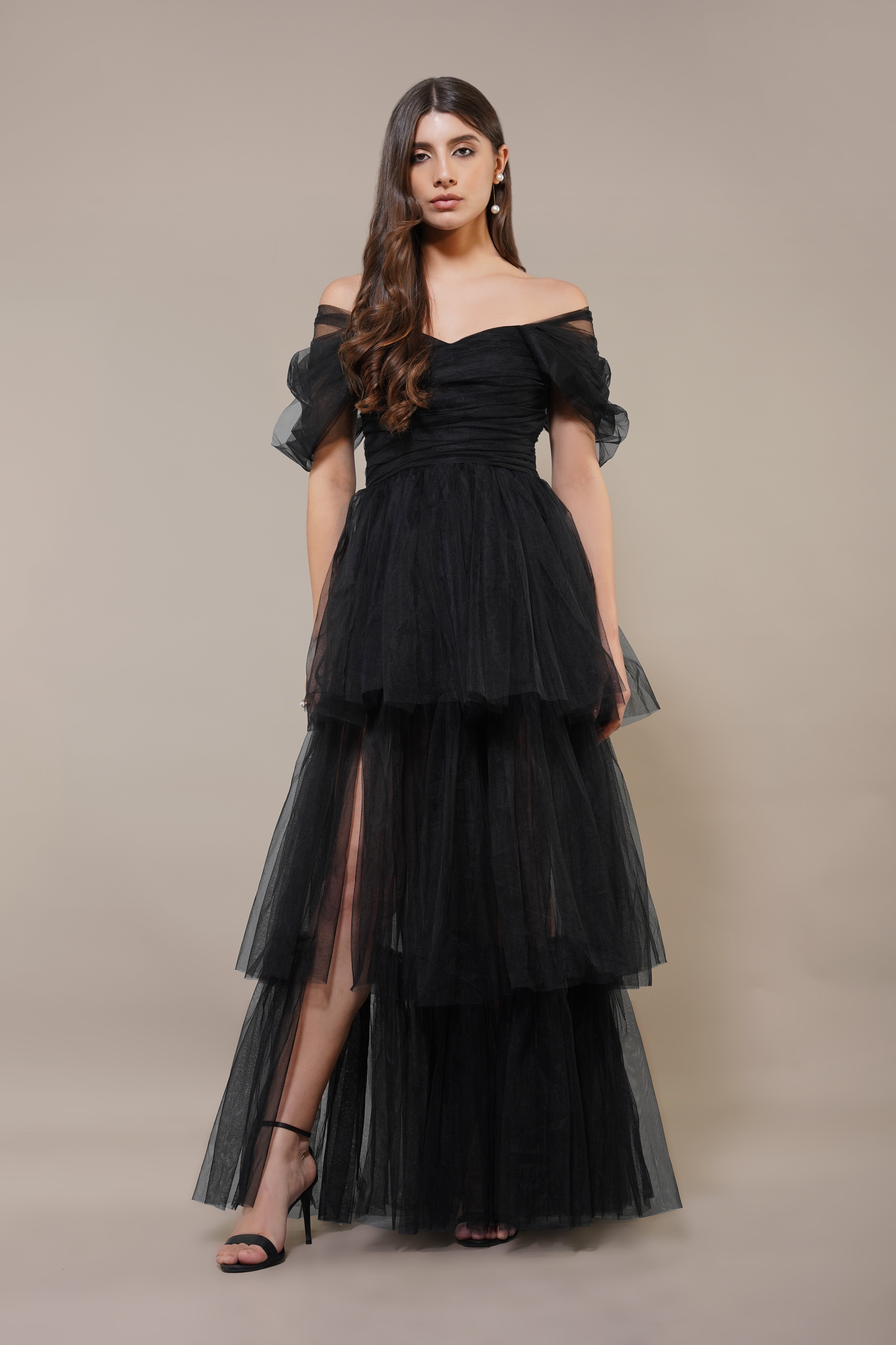 Elegant Black Off Shoulder Tulle Maxi Dress for Women - Perfect for Weddings, Parties & Special Occasions