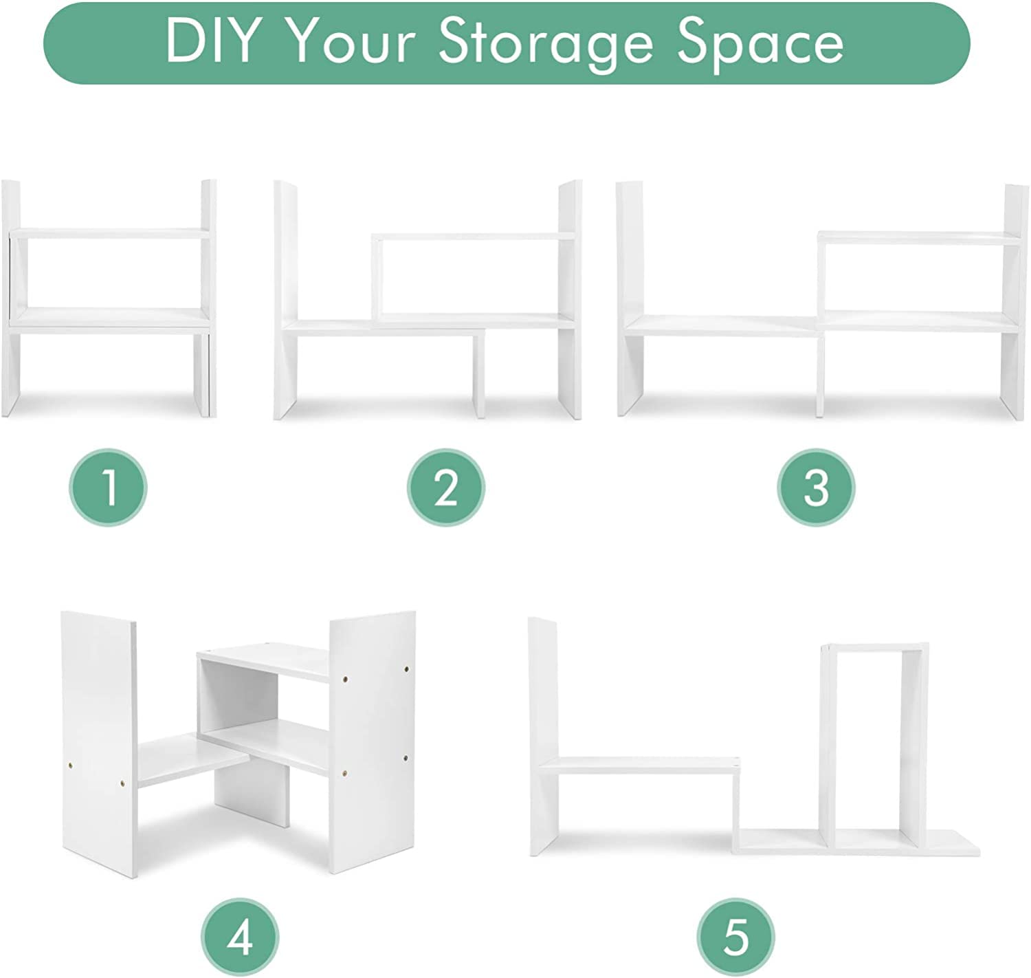 Expandable Wood Desktop Bookshelf - Adjustable Office Organizer & Storage Rack with 360° Rotation - White Home Decor for Workspace, Study & Living Room Organization