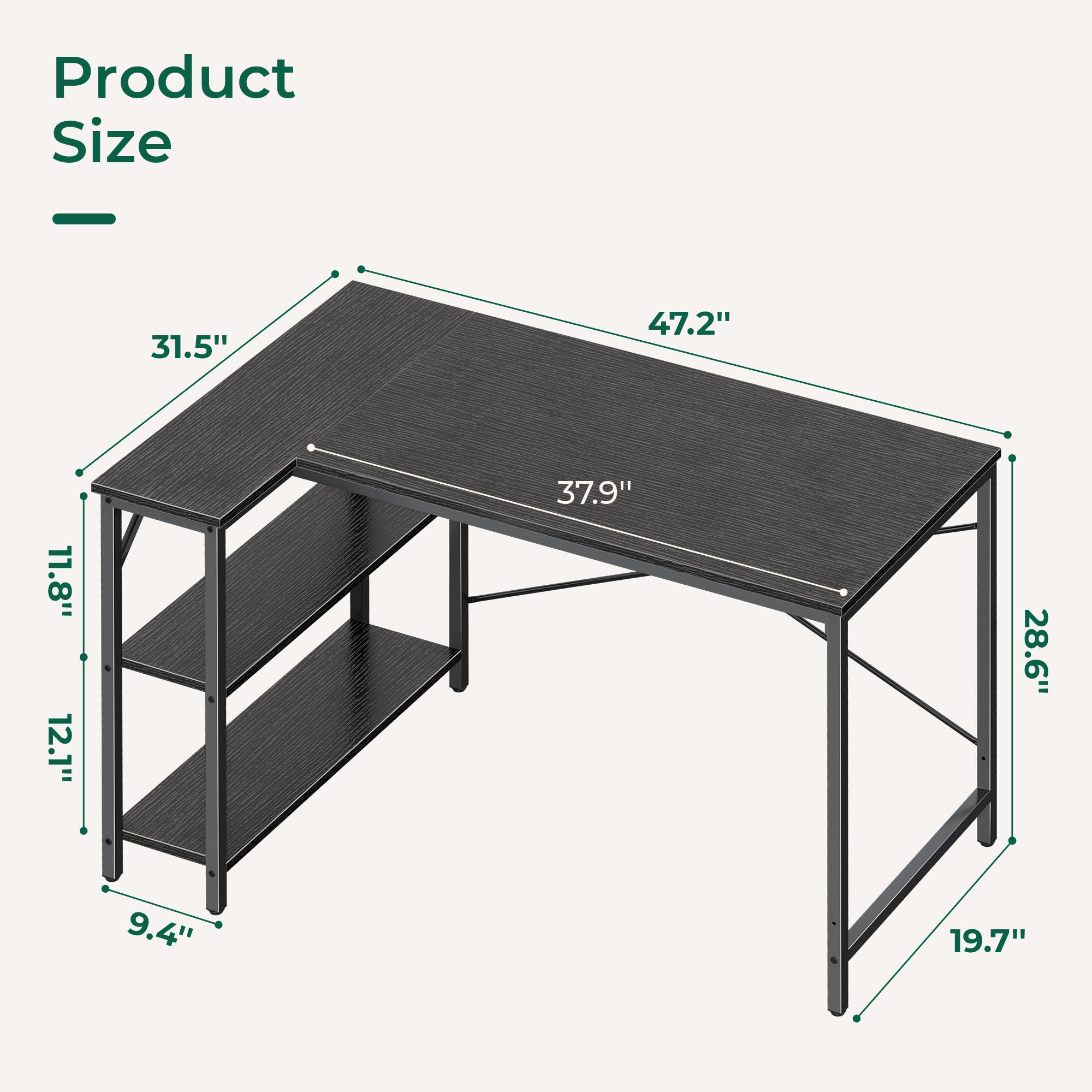 Huuger 47 Inch L-Shaped Gaming Desk with Reversible Storage Shelves - Sturdy Metal Frame Computer Desk for Home Office & Workstation - Perfect for Small Spaces, Gaming Setup & Remote Work