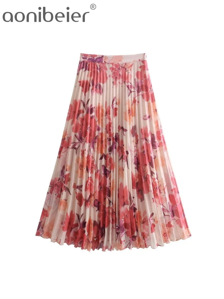 Aonibeier Women's Printed Summer Suit Set - V-Neck Casual Shirt with Pleated Maxi Skirt, Y2K Streetwear Fashion for Beach, Vacation and Daily Wear